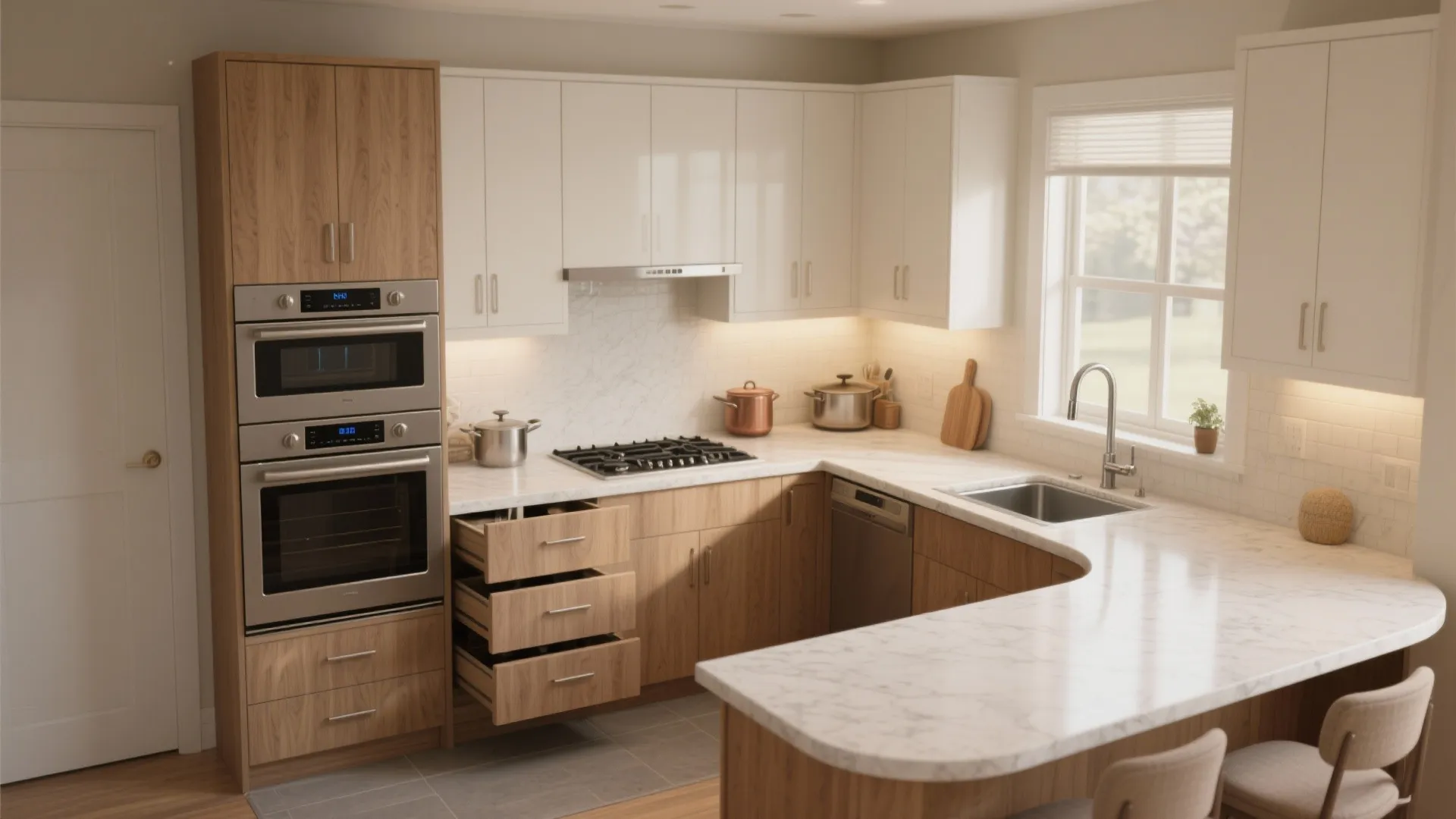 Modern kitchen with wood cabinets marble countertops stainless steel oven stove sink and bright window view