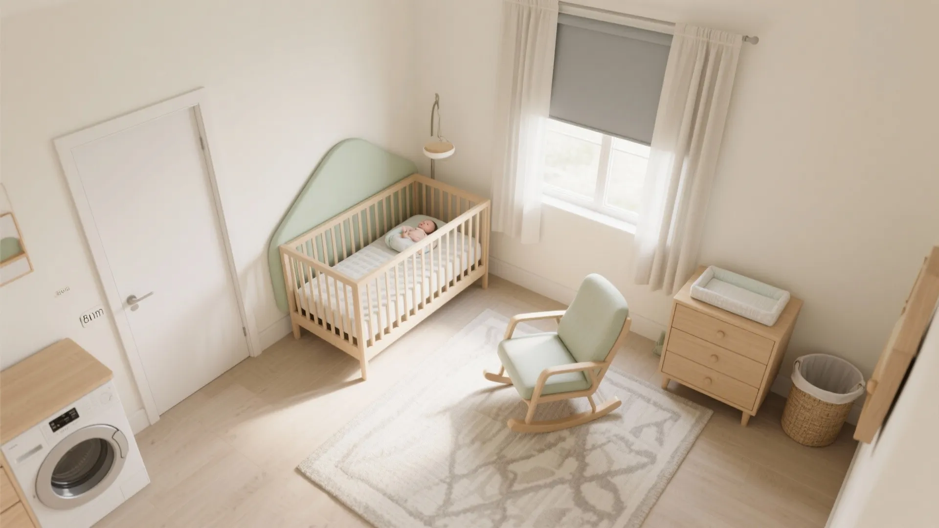 Safe Sleep–First Layout: Crib, Chair, and Clear Paths