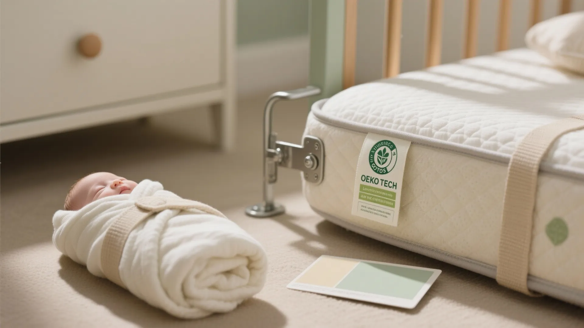Newborn baby sleeping in white swaddle next to a safe organic mattress with green label