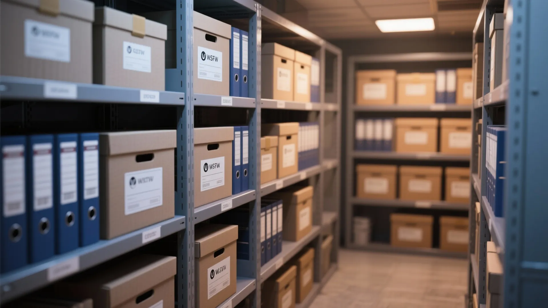 Metal storage shelves in an office room filled with many brown boxes and blue file folders