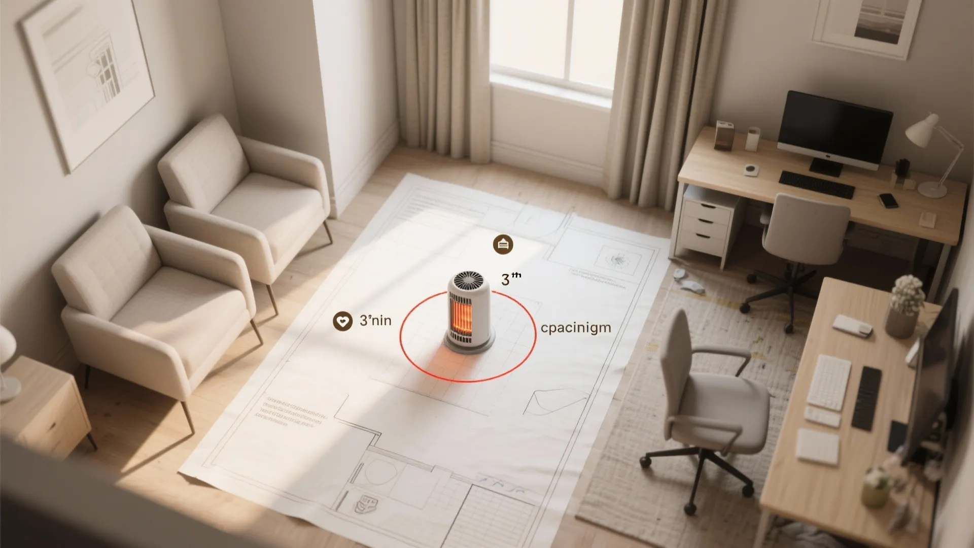 Room layout showing safe heater placement on a floor plan with desks and cozy sofa chairs