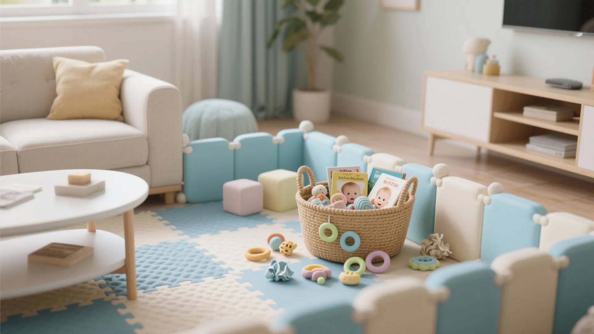 Low, safe play zone with sensory baskets