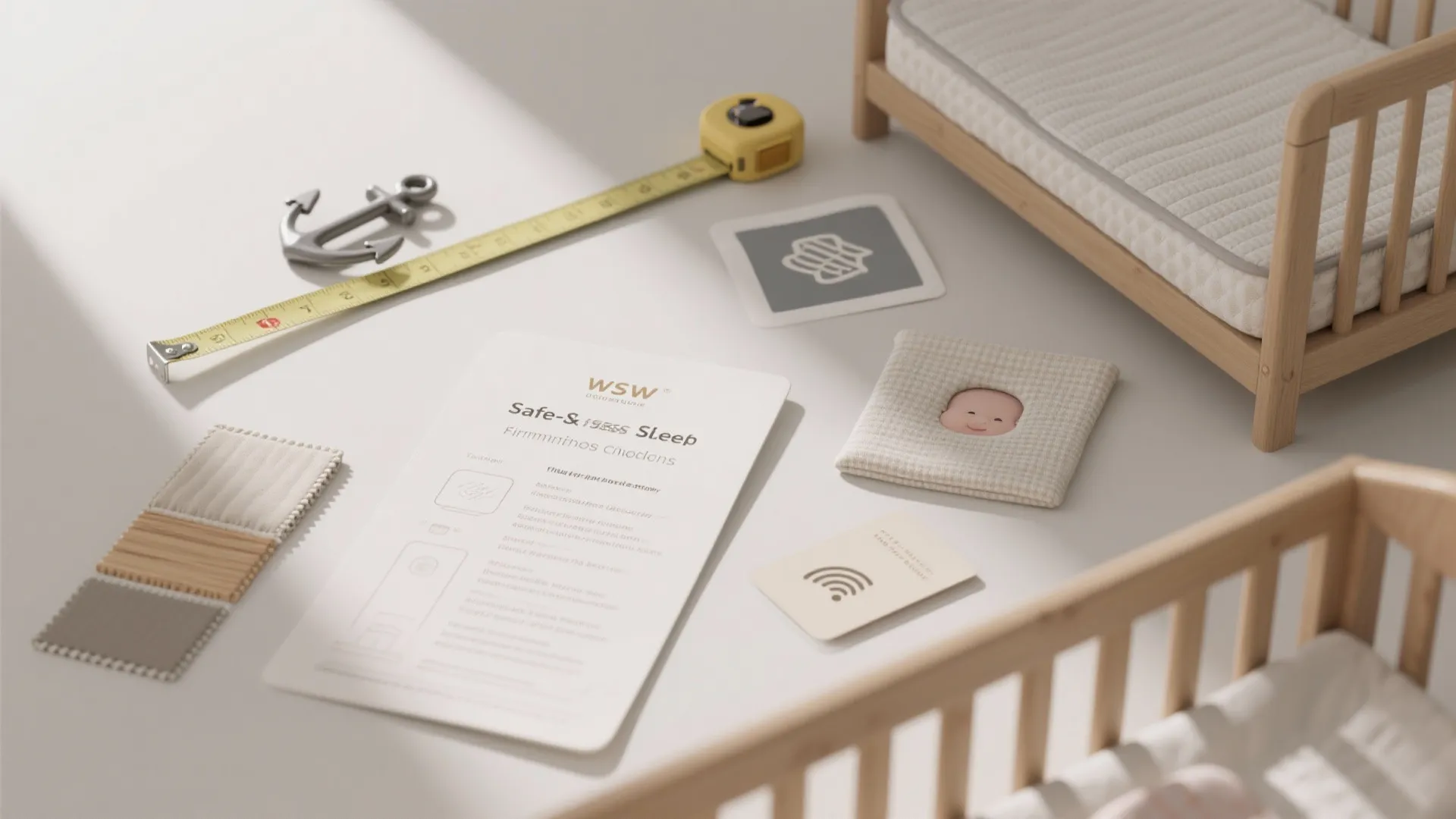 Safe sleep checklist document on a table with measuring tape fabric samples and wooden bed