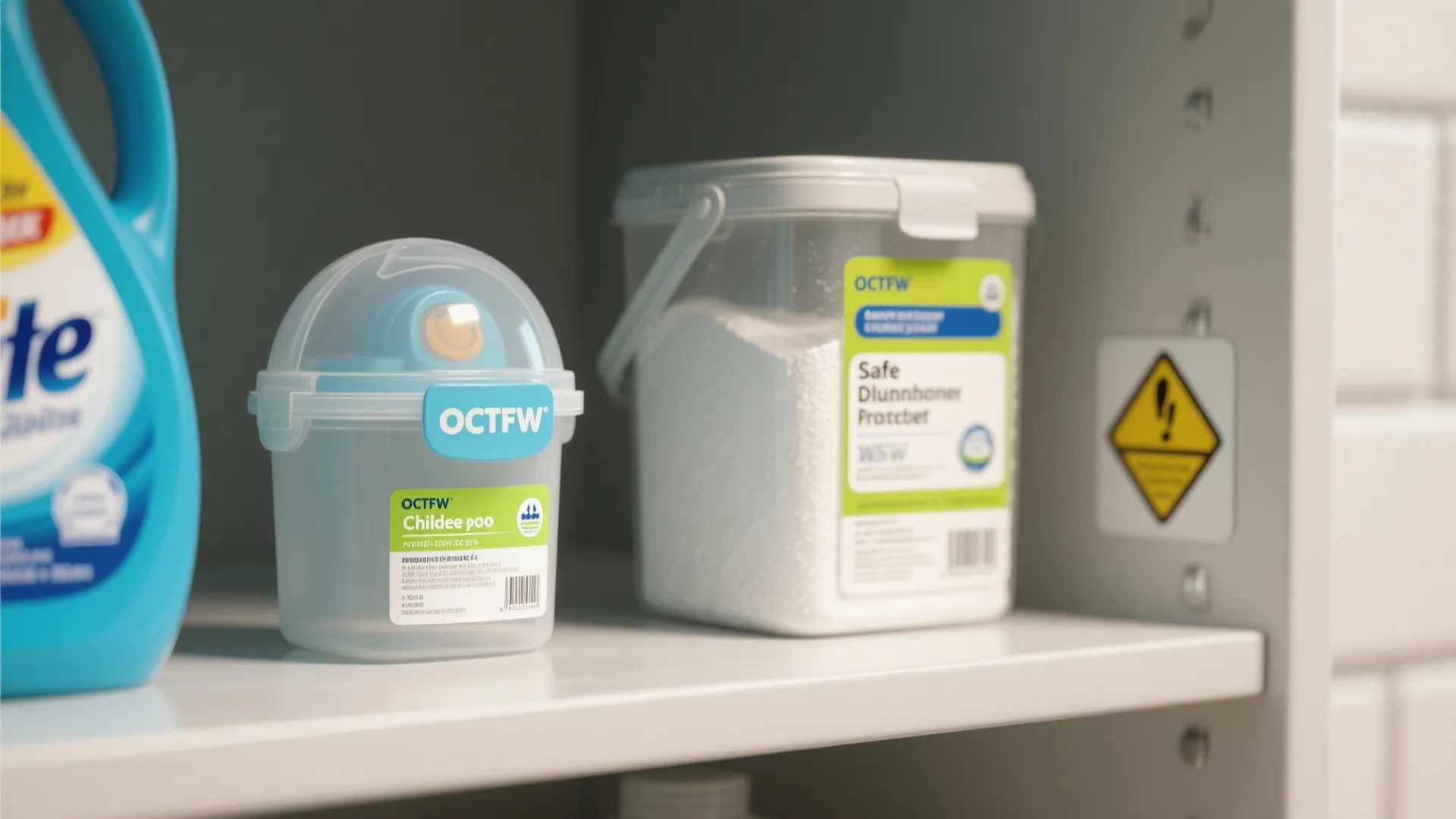 Cleaning products stored safely inside a white cabinet shelf with a yellow warning sign label