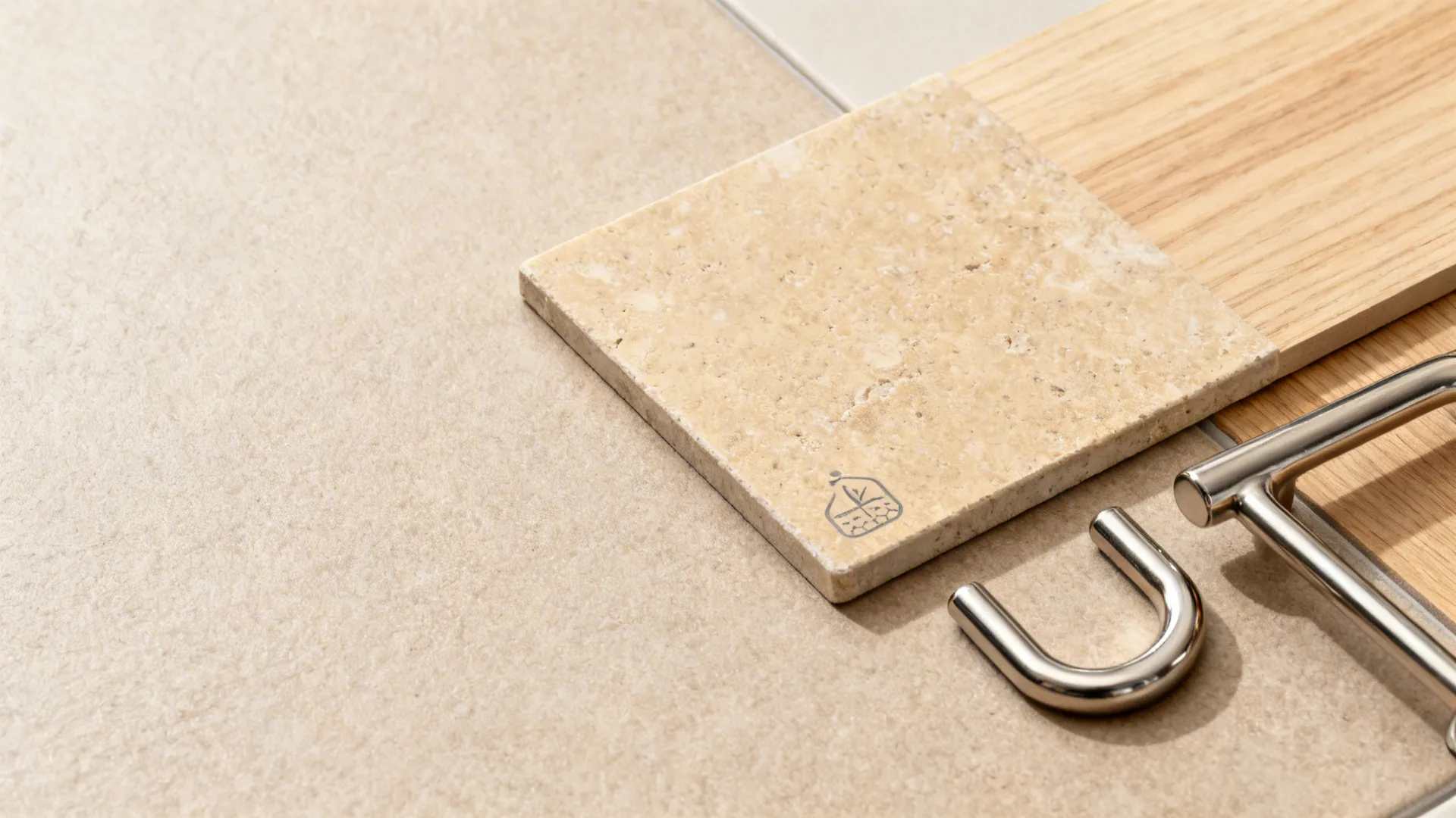 Flat lay of matte textured tile, honed stone, light oak, and U-shaped brushed nickel pulls in warm neutrals.