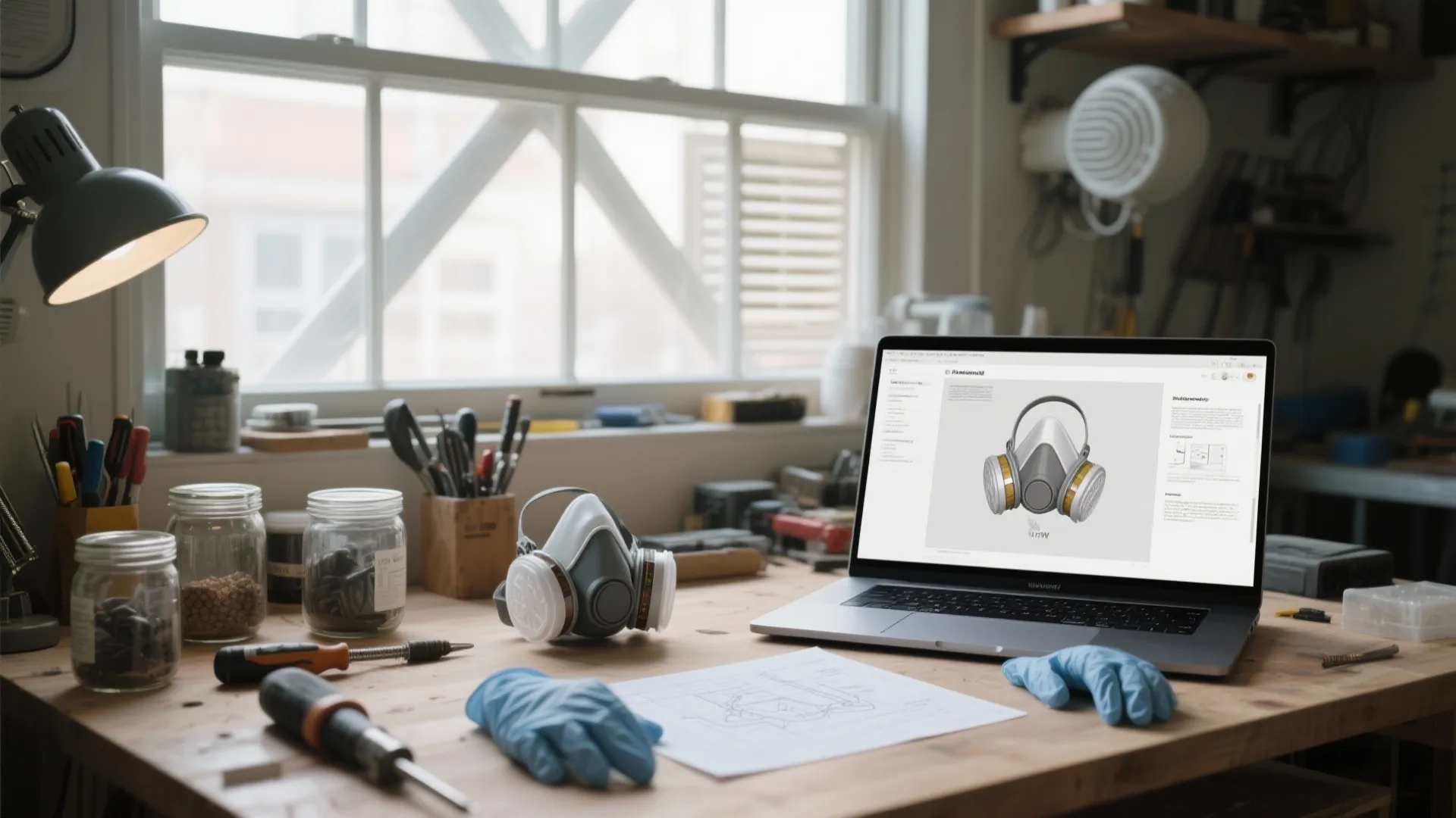 Wooden workbench with a laptop displaying mask design next to a real safety breathing mask