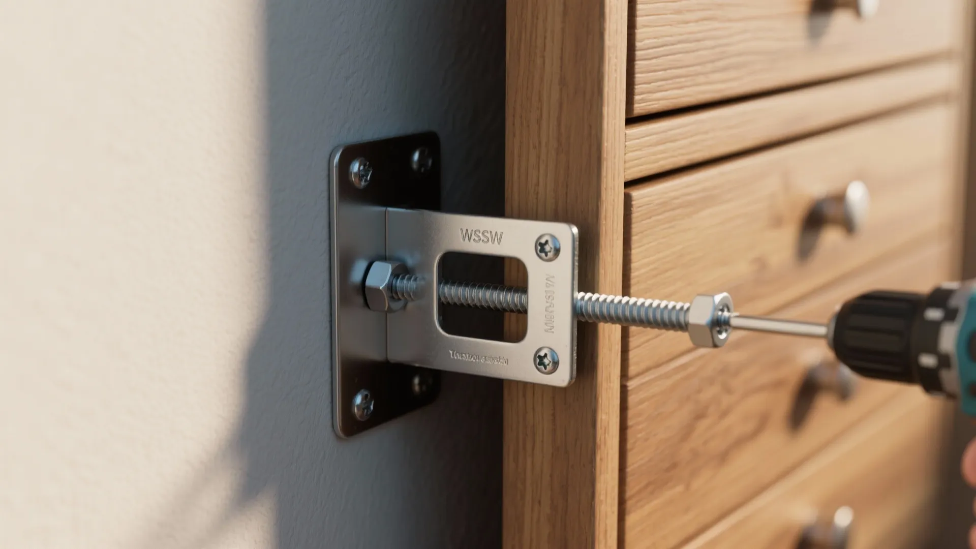 Metal wall bracket being attached to a wooden cabinet using a power drill for safety security