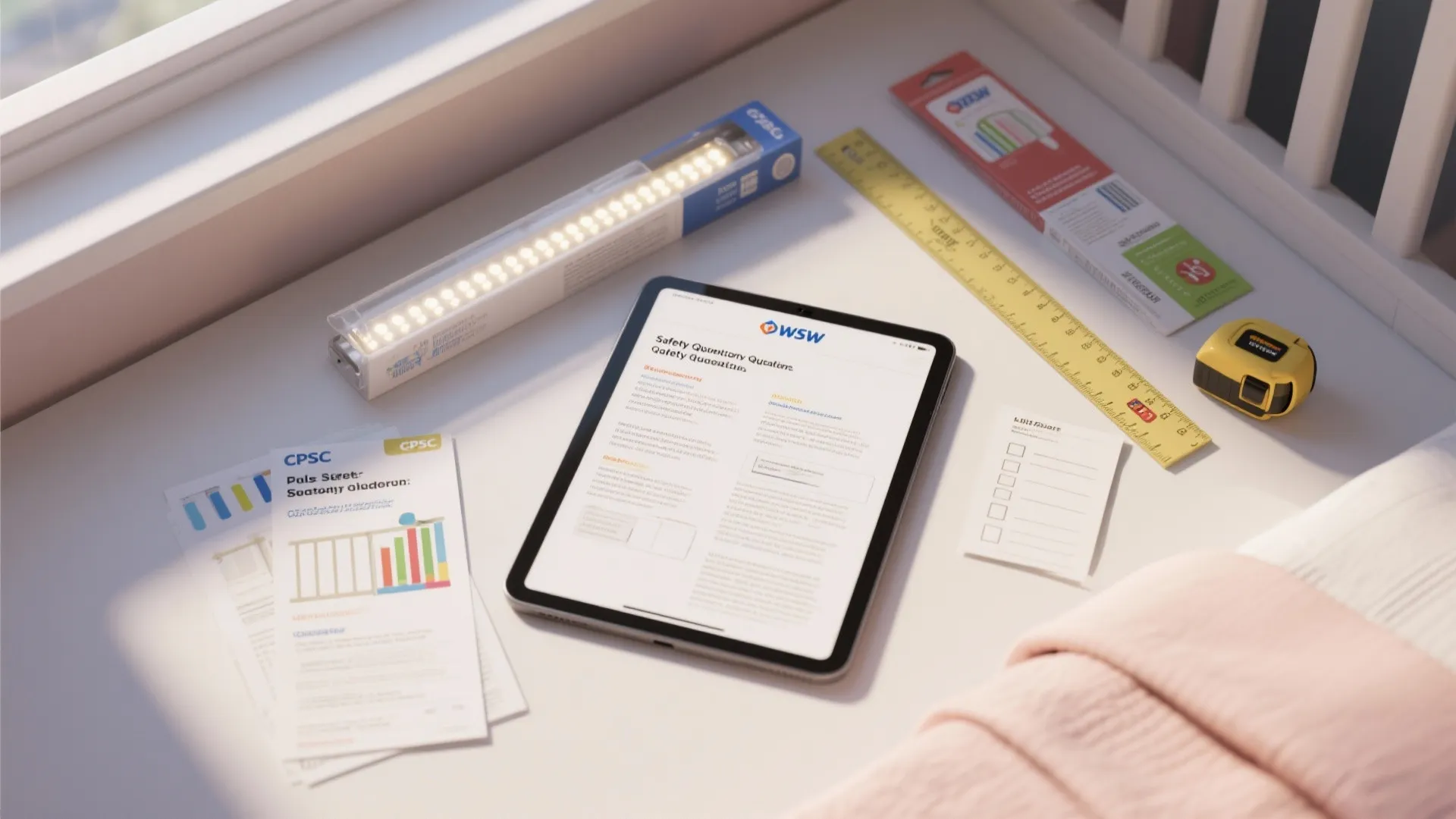 Top-down view of safety guides, guardrail sample, and LED strip packaging for kids' rooms.
