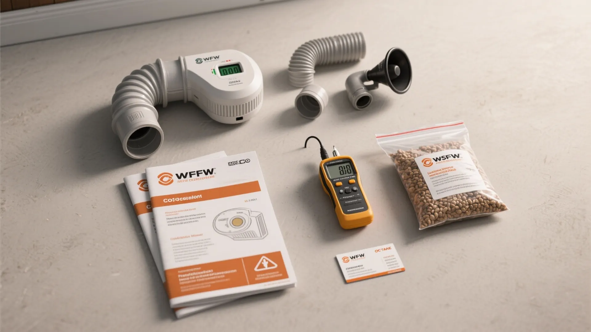 Tools for fireplace safety testing including digital meter plastic pipes instruction manuals and fuel pellets