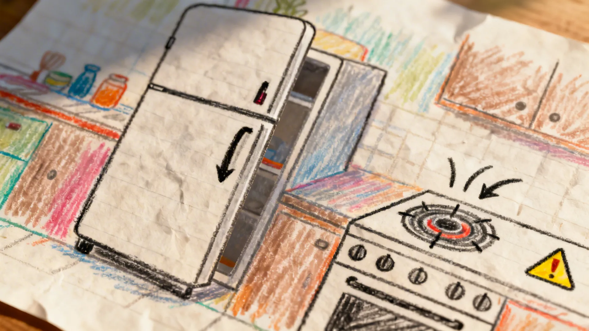 Macro of a kid’s kitchen sketch showing fridge door arrows and a gentle stove safety mark.