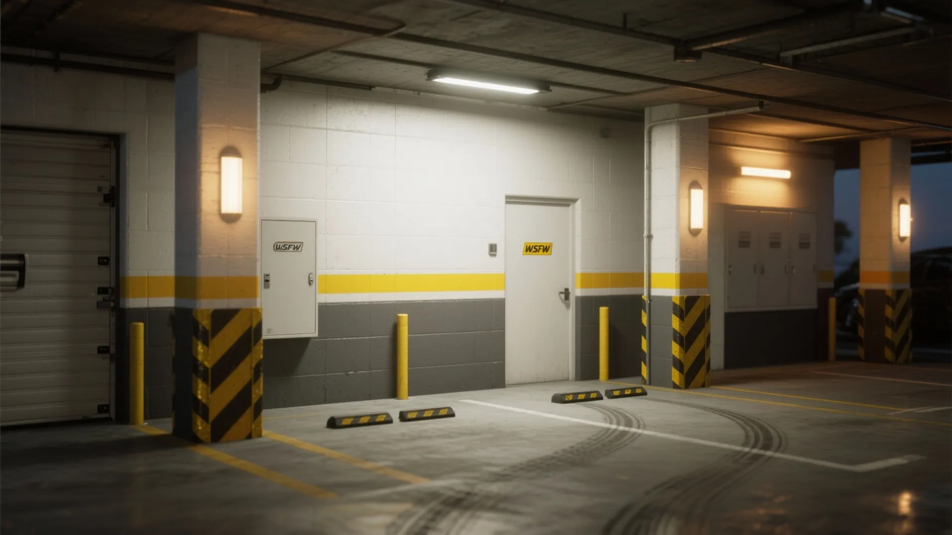 Indoor parking lot layout with grey walls yellow safety stripes white door and wall light