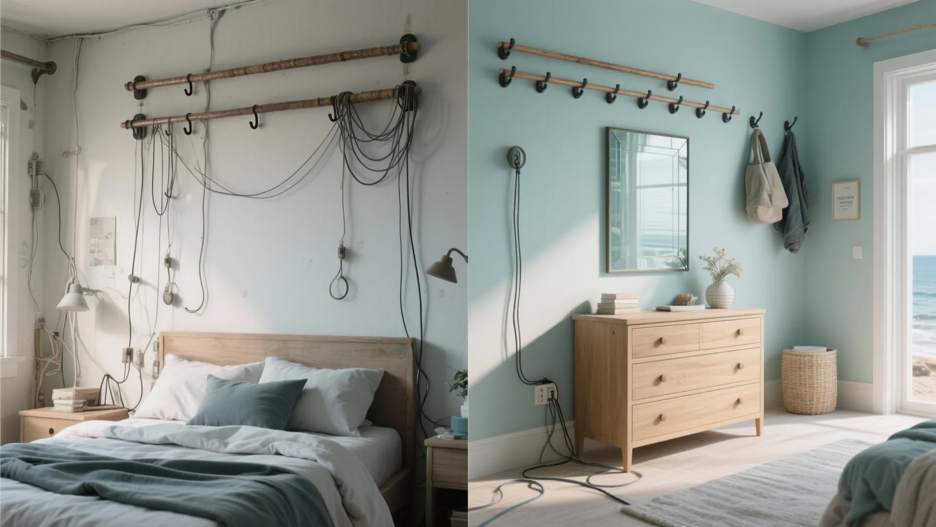 Before-and-after comparison showing unsafe fishing decor over a bed versus a secure, safe display and anchored items.