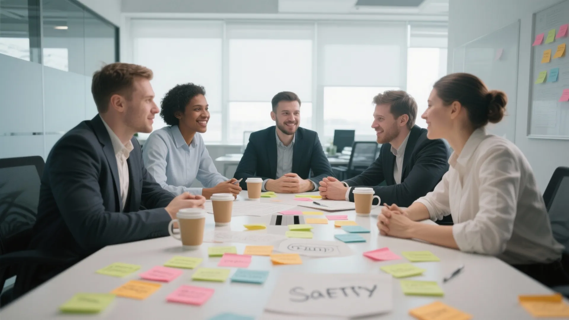 Business professionals sitting around white table for a meeting with sticky notes and coffee cups