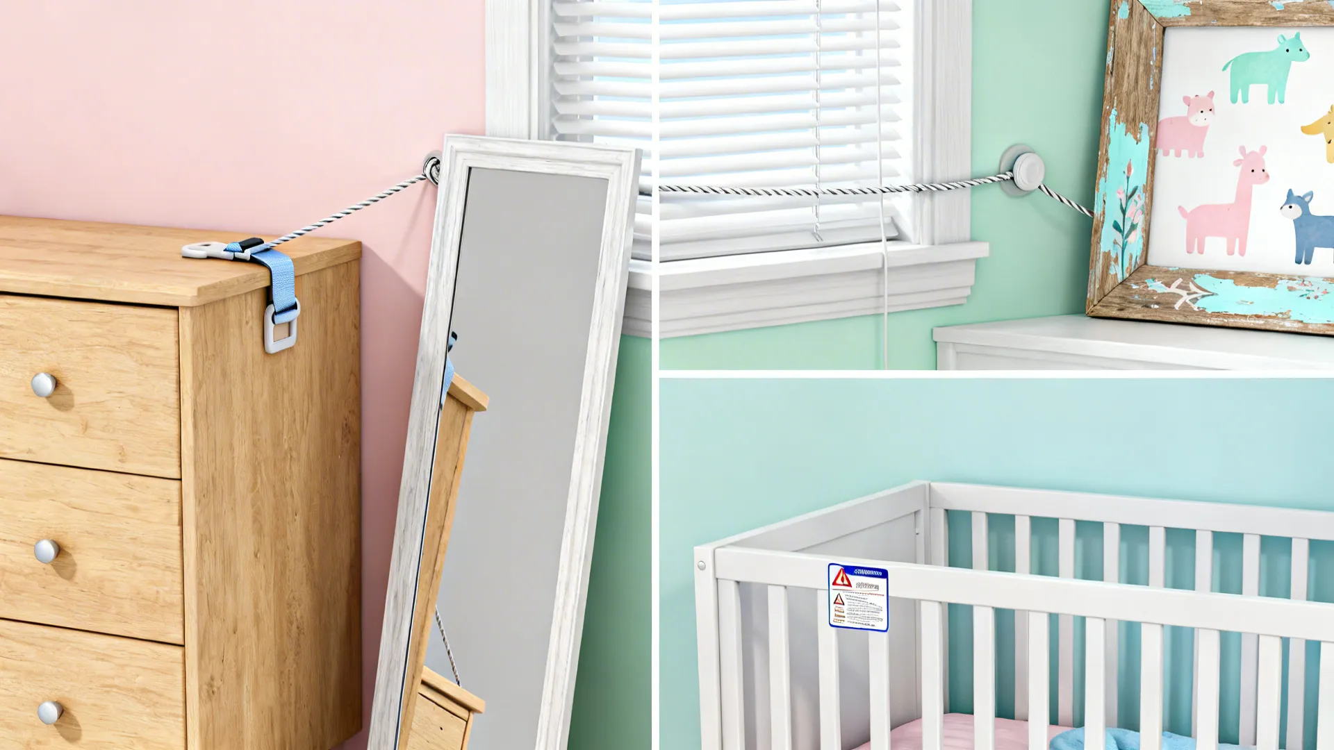 Close-up collage of nursery safety features and budget-friendly decor options