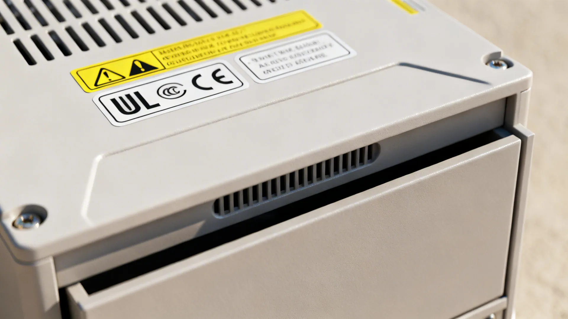 Close-up of UL/CE certification labels on an electrical module and a ventilation gap in a drawer