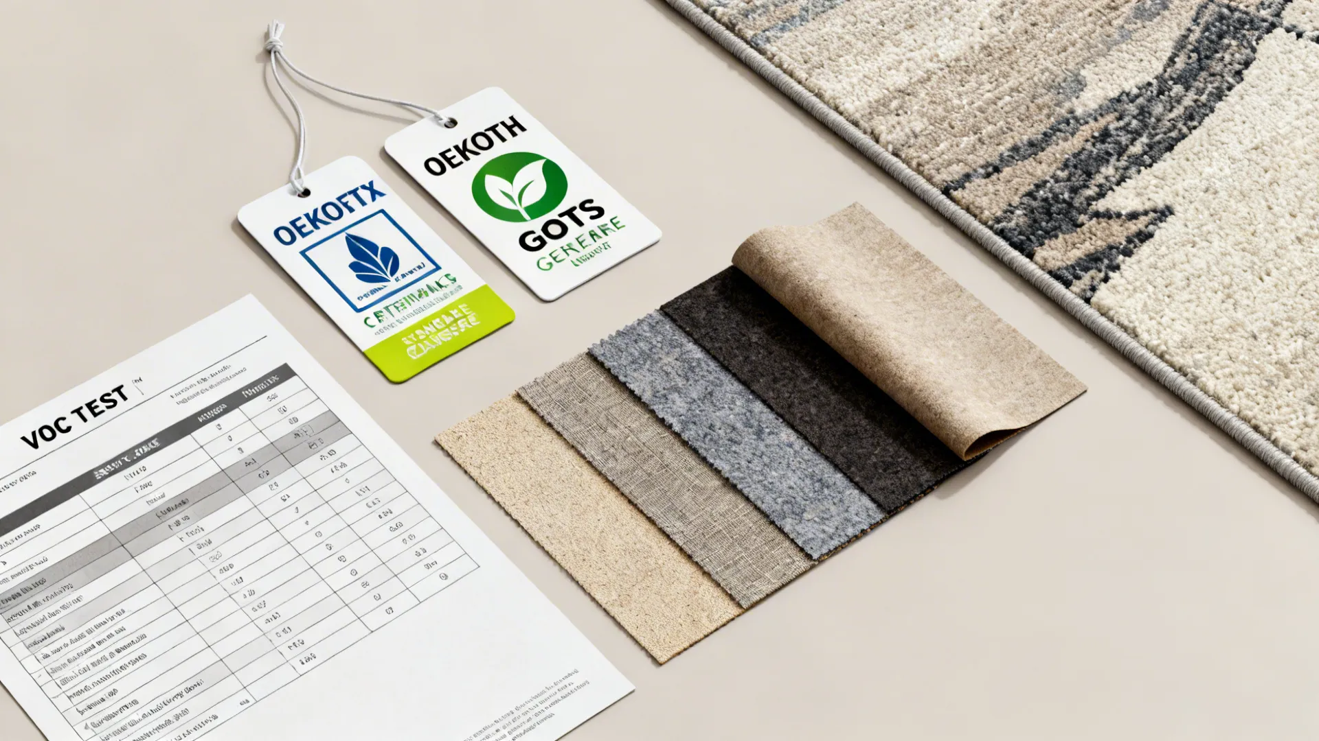 Certification tags, VOC test sheet and rug backing swatches on a table