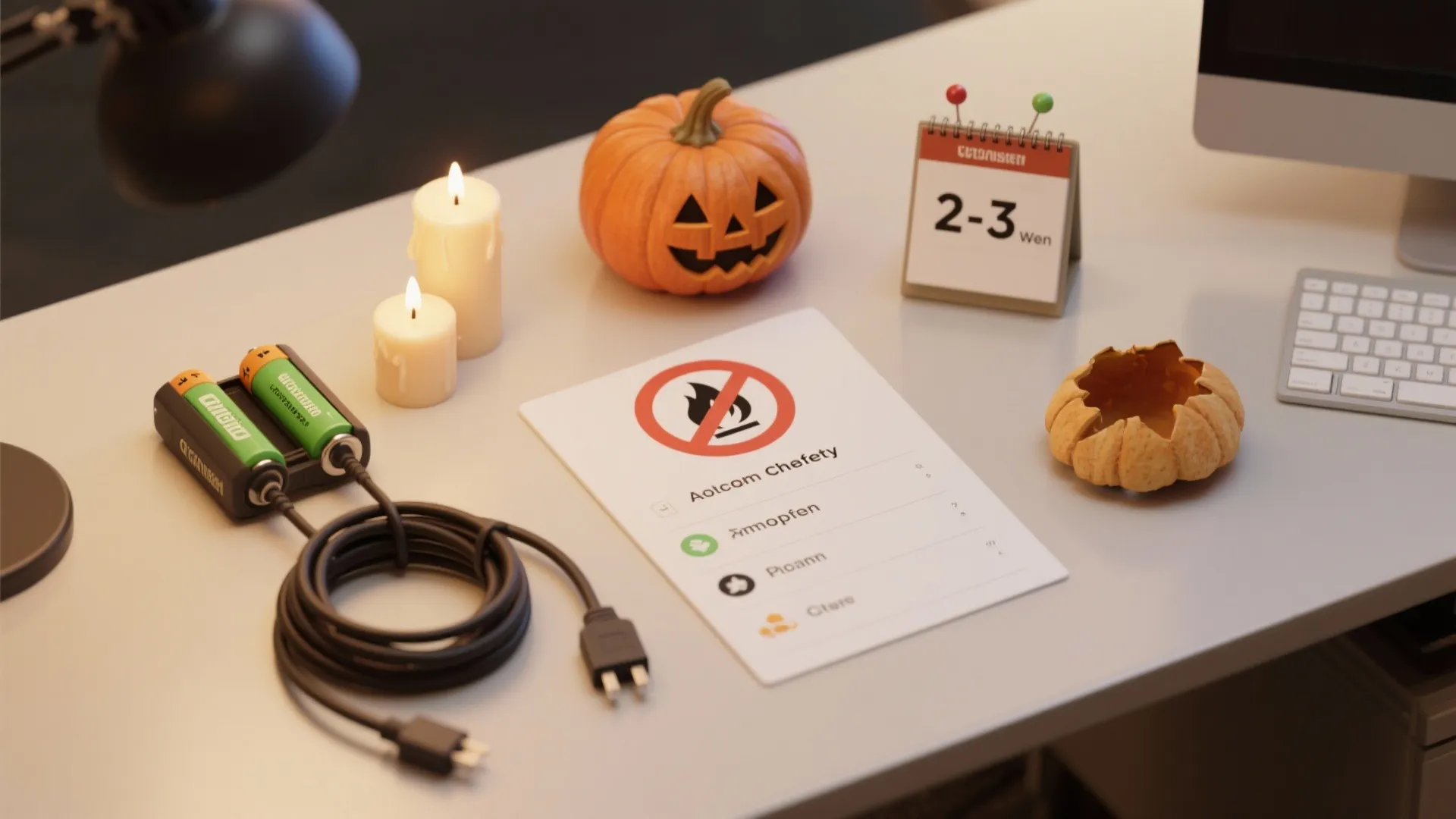 Office desk with safety checklist paper battery charger two candles small pumpkin and a calendar