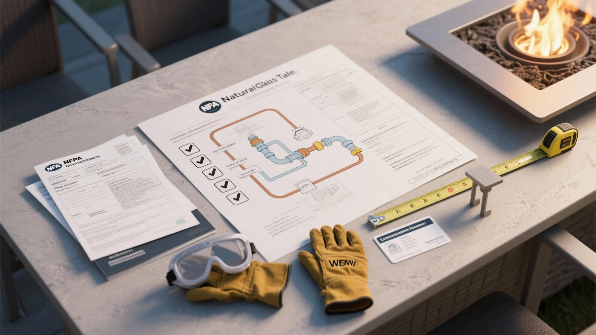 Top-down safety checklist and permit documents for installing a natural gas fire table with tools and safety gear.