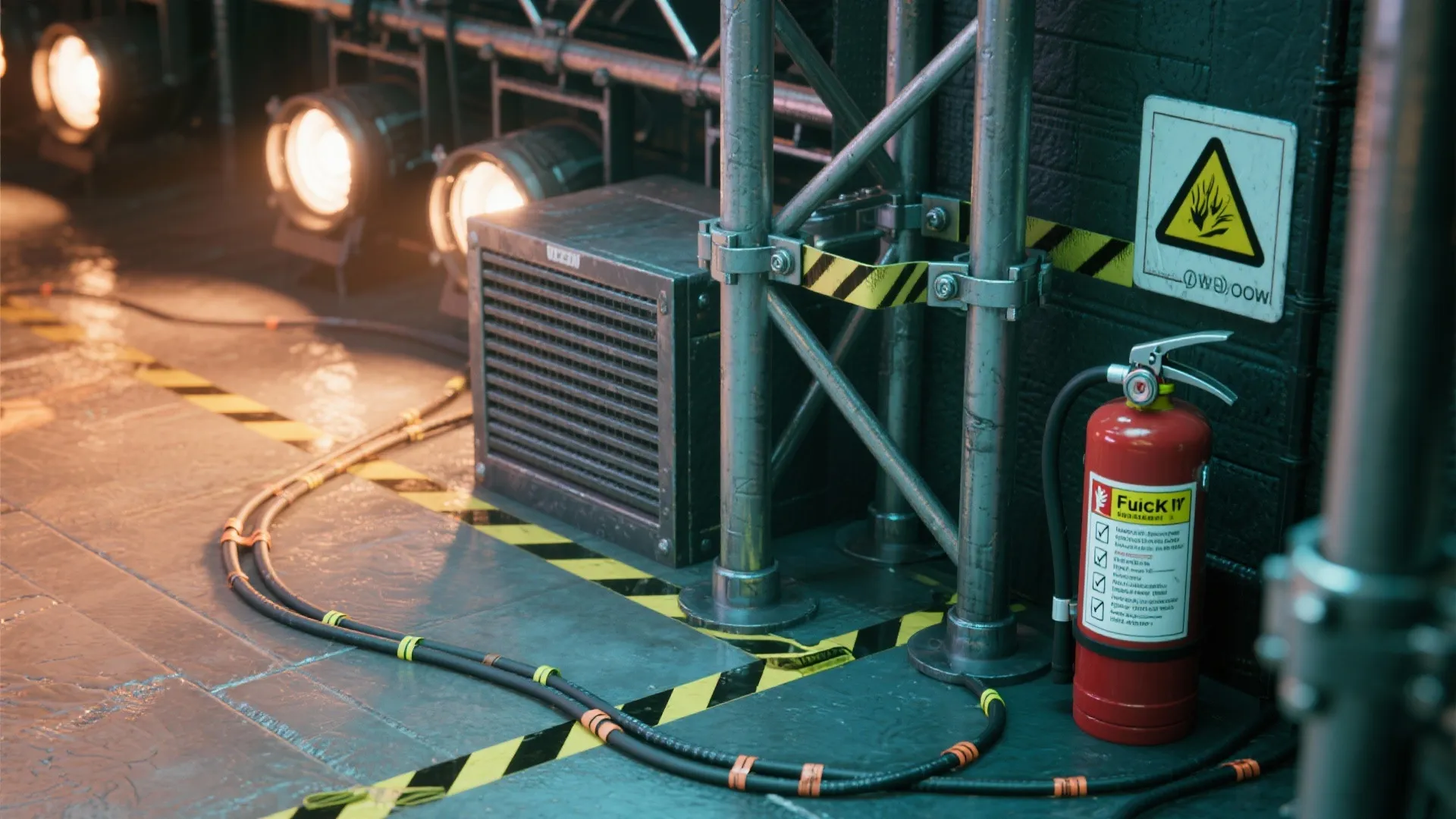 Red fire extinguisher placed near metal stage scaffolding with warning signs and industrial floor cables