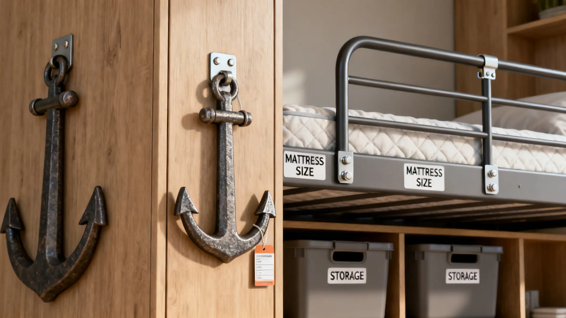 Close-up of furniture anchors, guardrails and storage labels illustrating safety tips for kids' rooms.