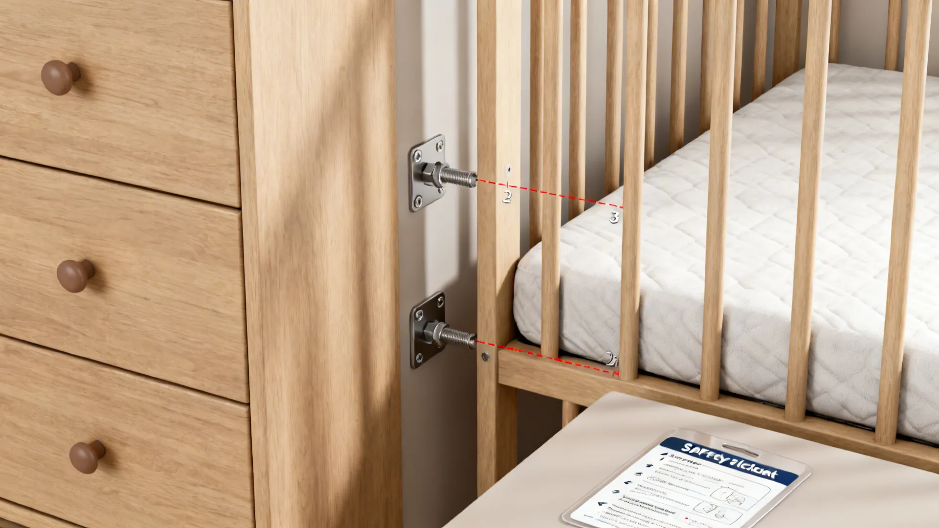 Close up view of wooden crib being secured to a cabinet with metal bolts and screws