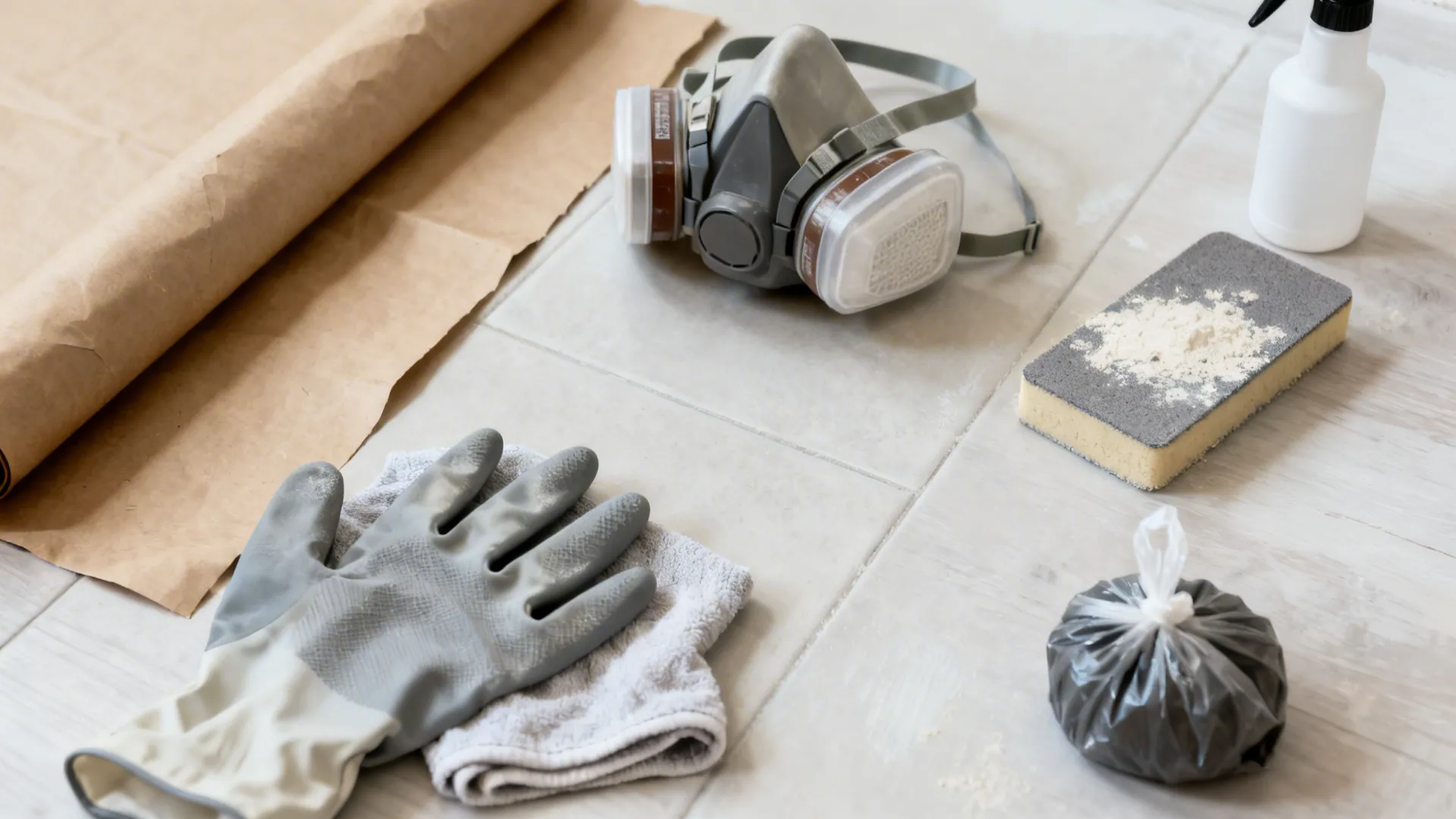 Flat lay of dust mask, gloves, kraft paper, rag, sanding block, and spray.