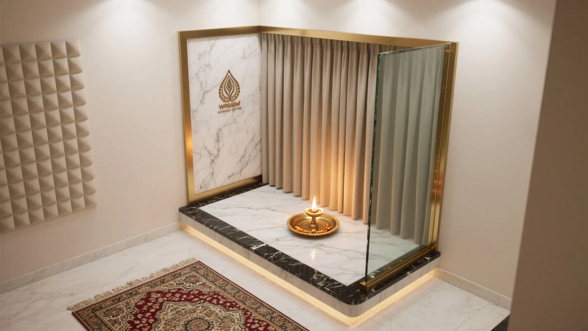 Small prayer room featuring marble wall panel gold frames beige curtain and traditional oil lamp stand