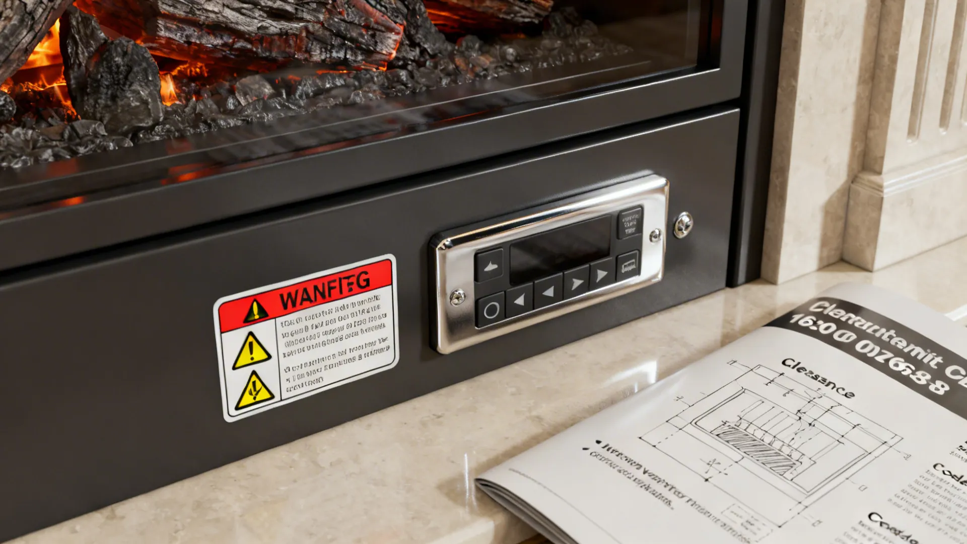 Close-up of electric fireplace controls and a clearance guideline brochure emphasizing safety