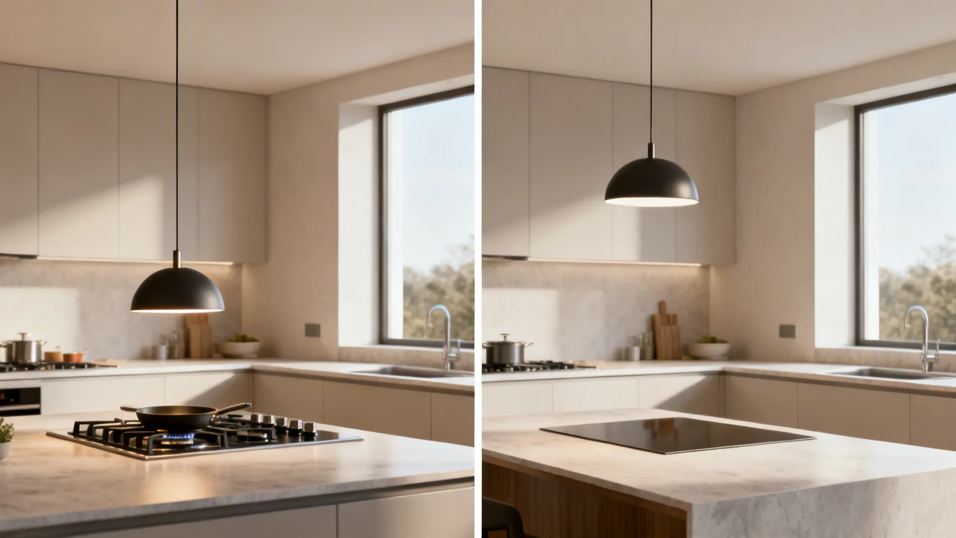Comparison of kitchen island featuring gas stove on left versus modern induction cooktop on right