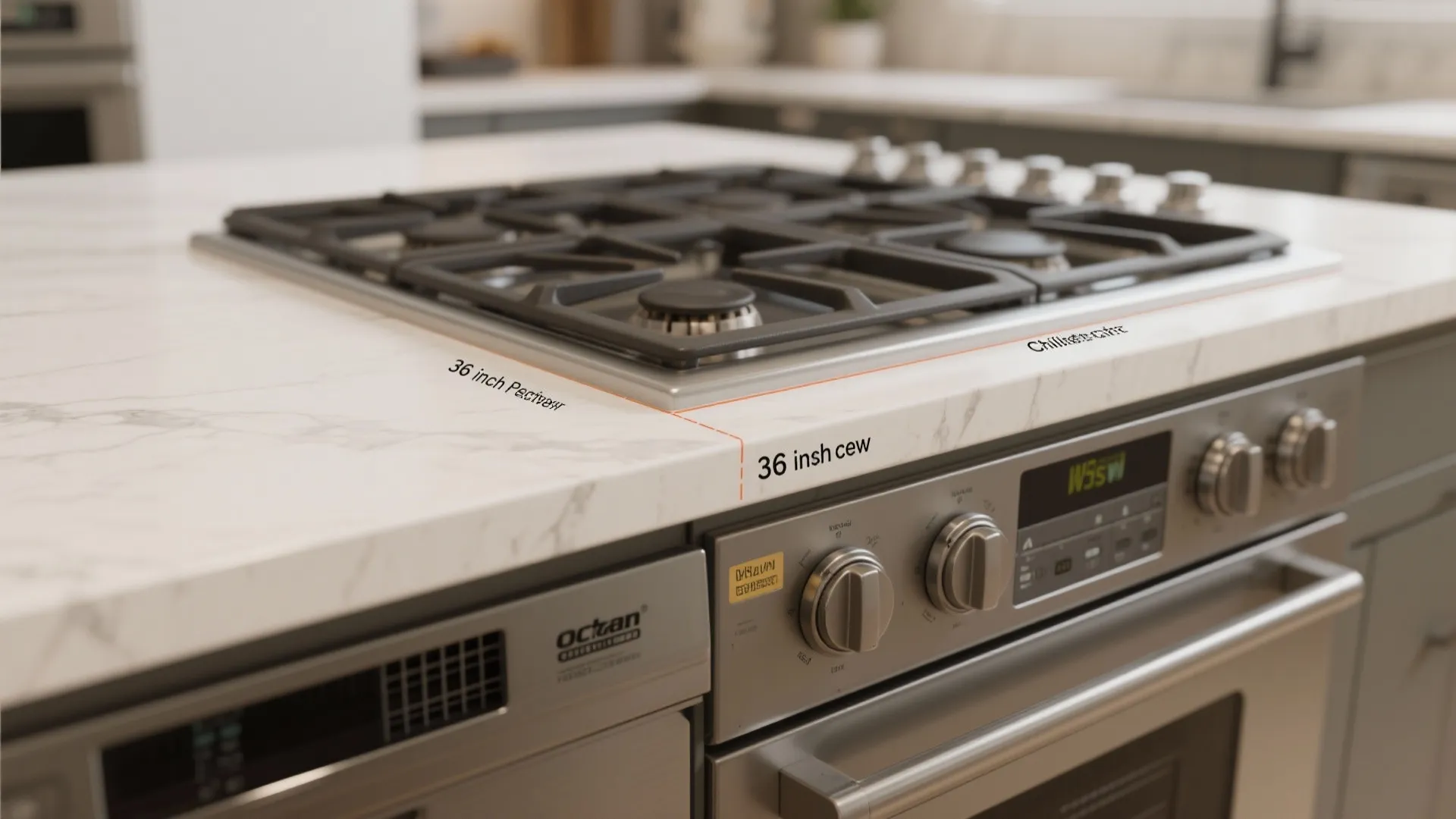 Close up view of kitchen stove with dimensions showing thirty six inch wide safety clearance