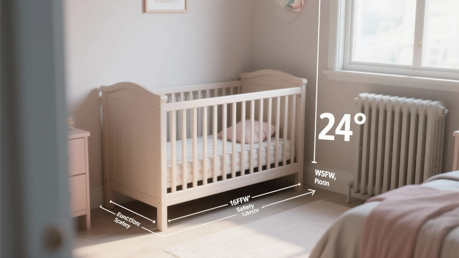 Baby bed in a room with white walls and safety measurement lines showing correct furniture spacing