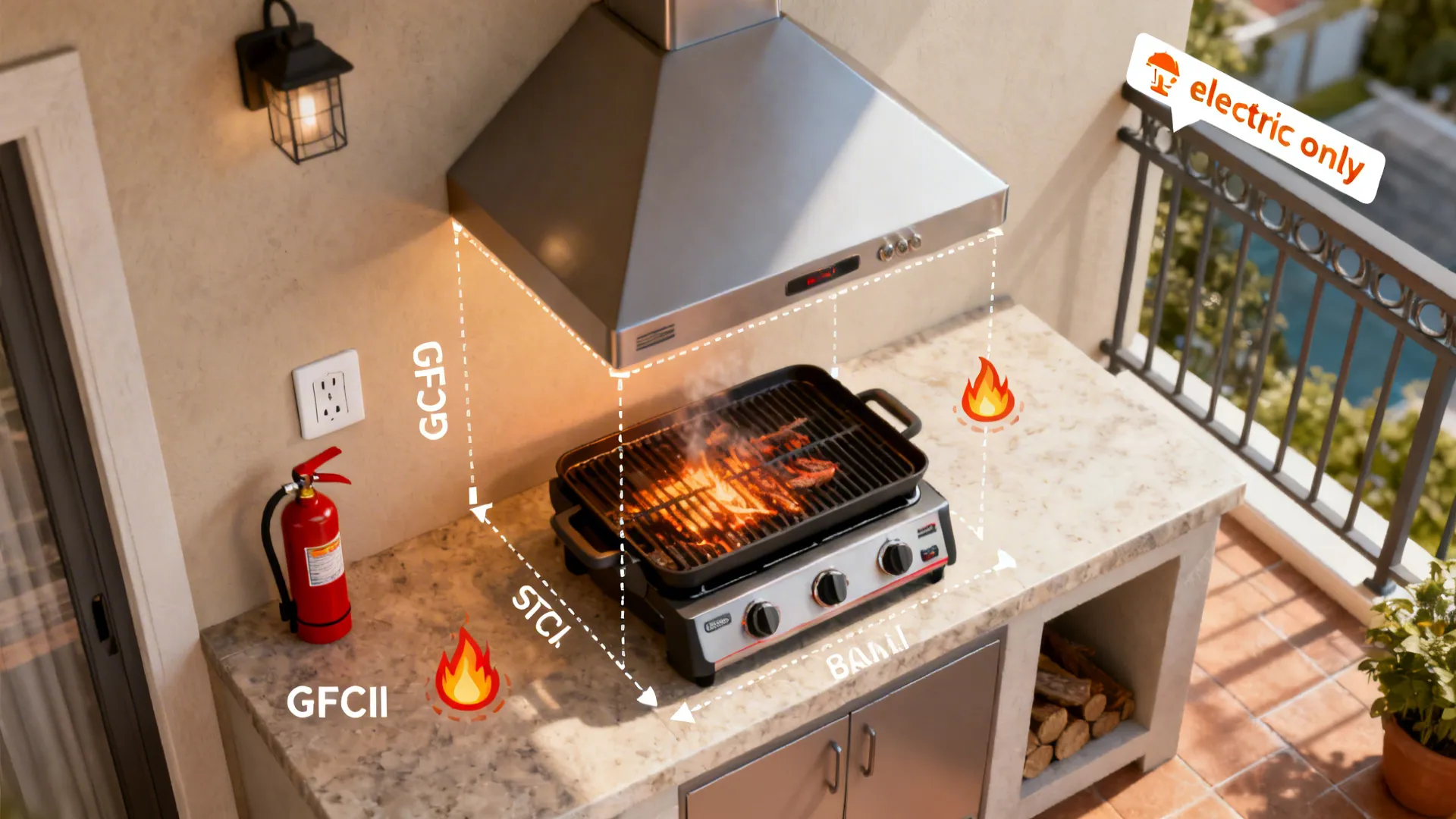 Top-down plan showing safe clearances, GFCI outlet, and extinguisher location for a grill zone.