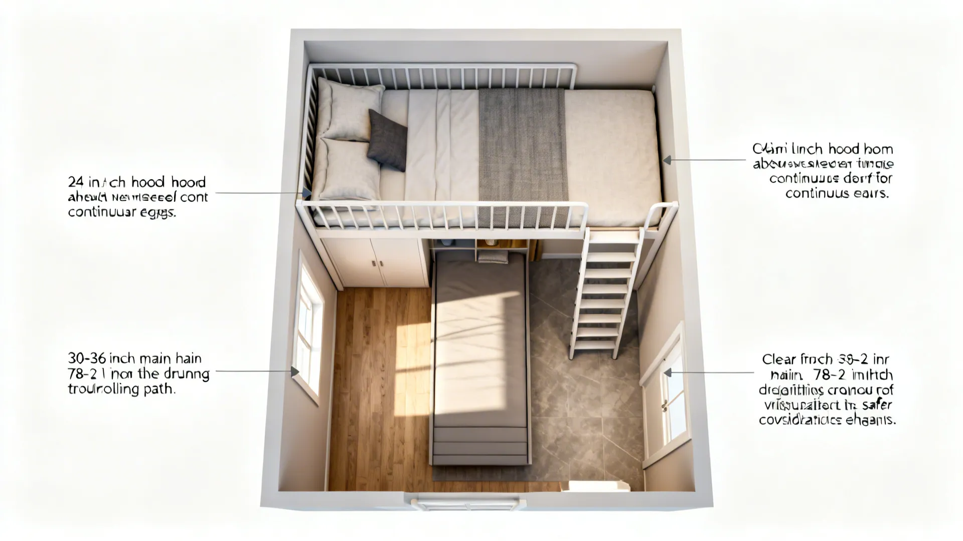 Top-down plan showing headroom, guardrails, ladder placement, aisle width, and trundle clearance.