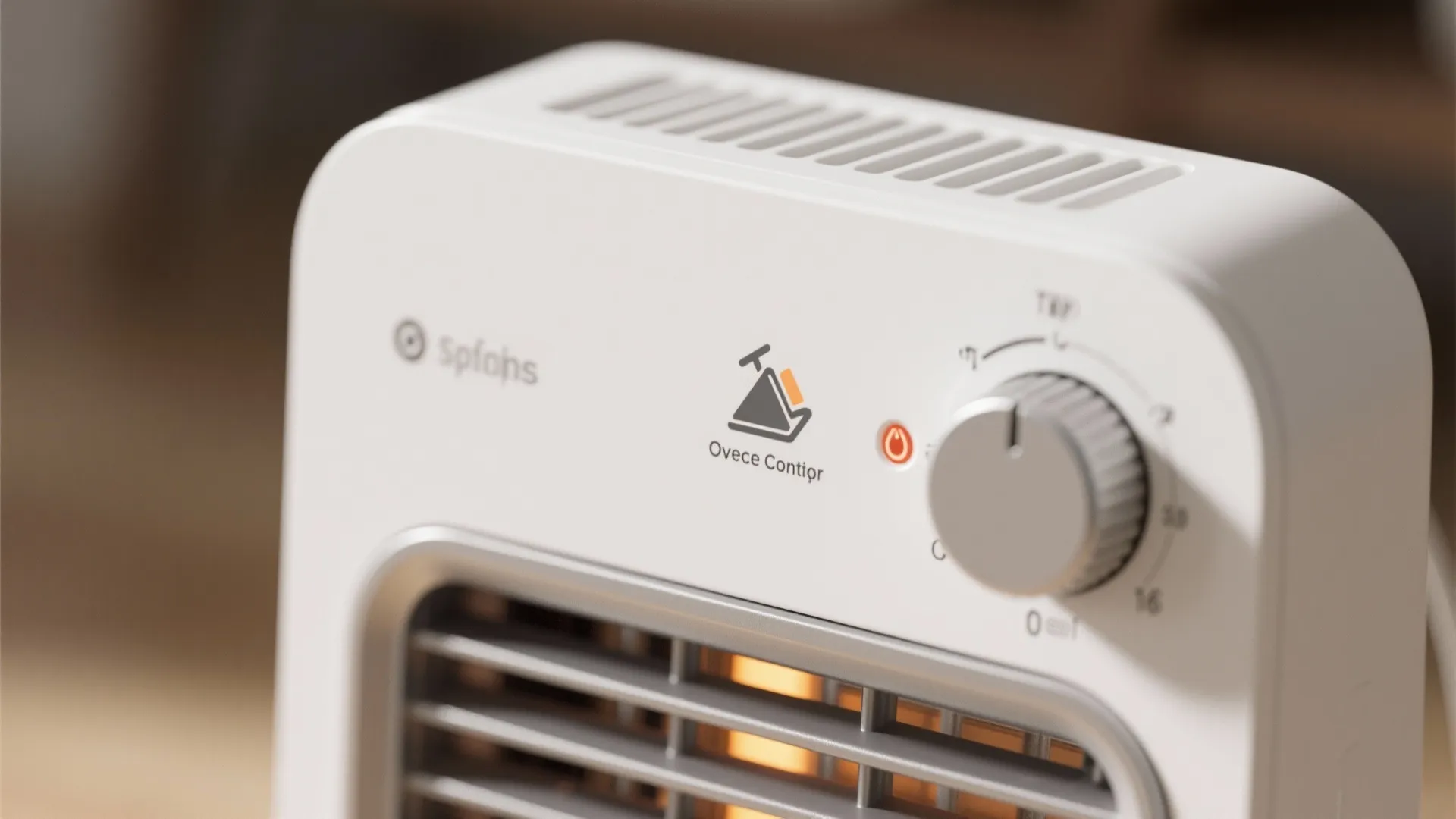 Close up of white electric heater control panel with safety icon power light and adjustment knob