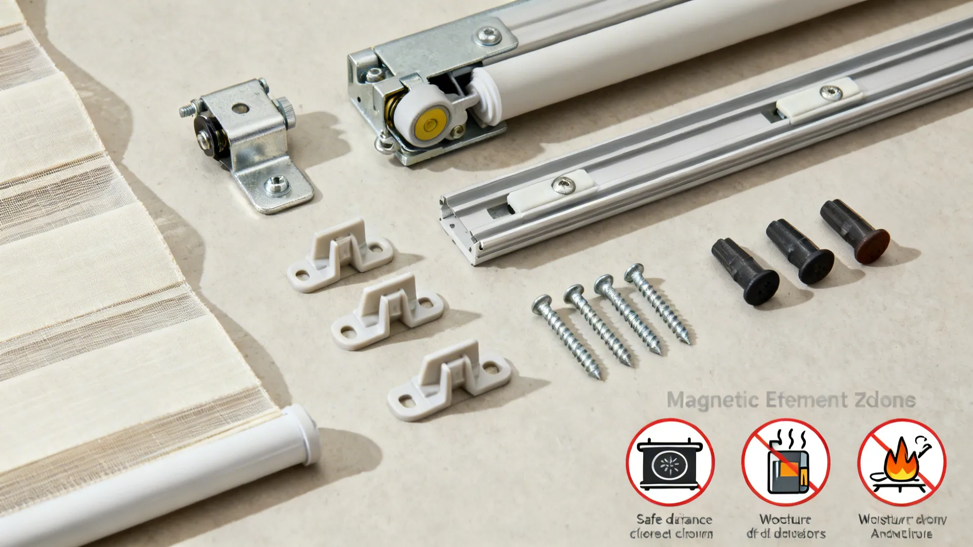 Top-down view of cordless mechanisms, cleats, magnetic tracks, and stainless hardware for safe blinds.