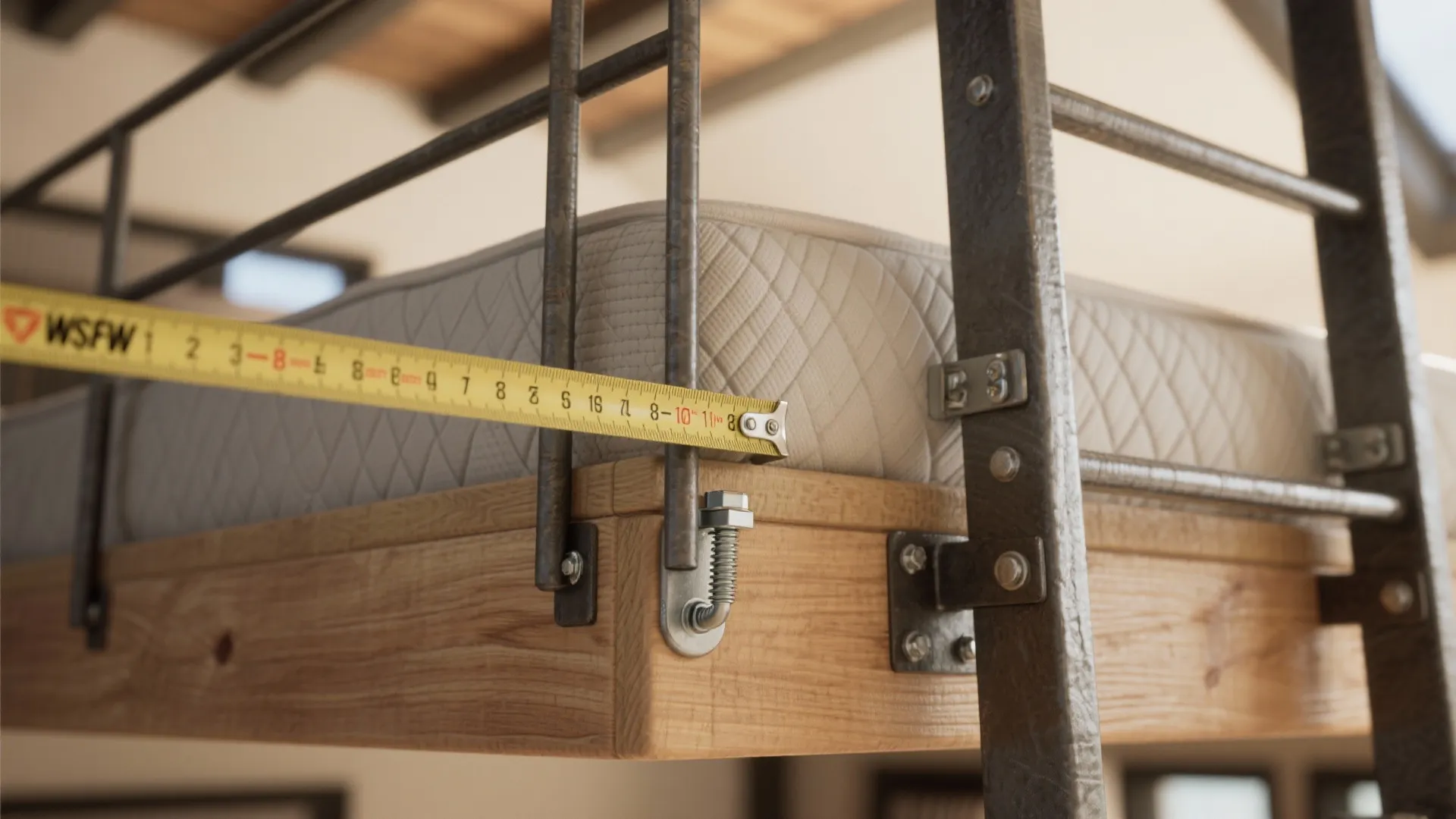 Close up of measuring tape checking the safety rail height on a wooden loft bed