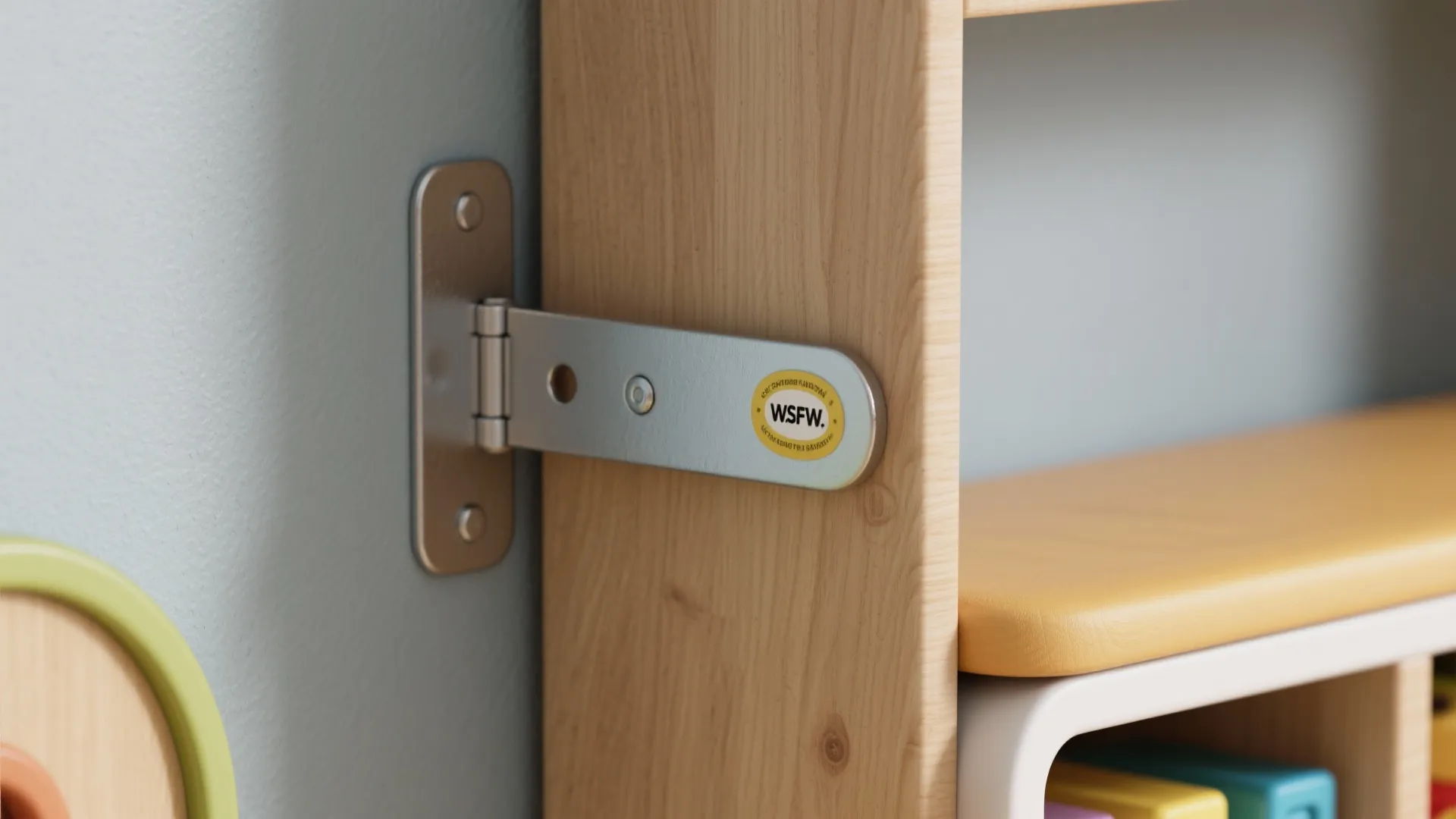 Close-up of a metal safety bracket fixing a wood cabinet to a light grey wall