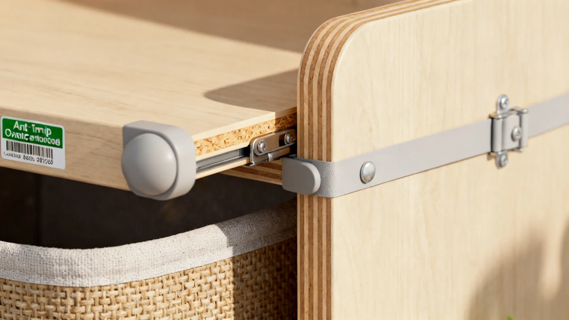 Close up of wooden furniture corner with grey safety bumper and strap for child safety
