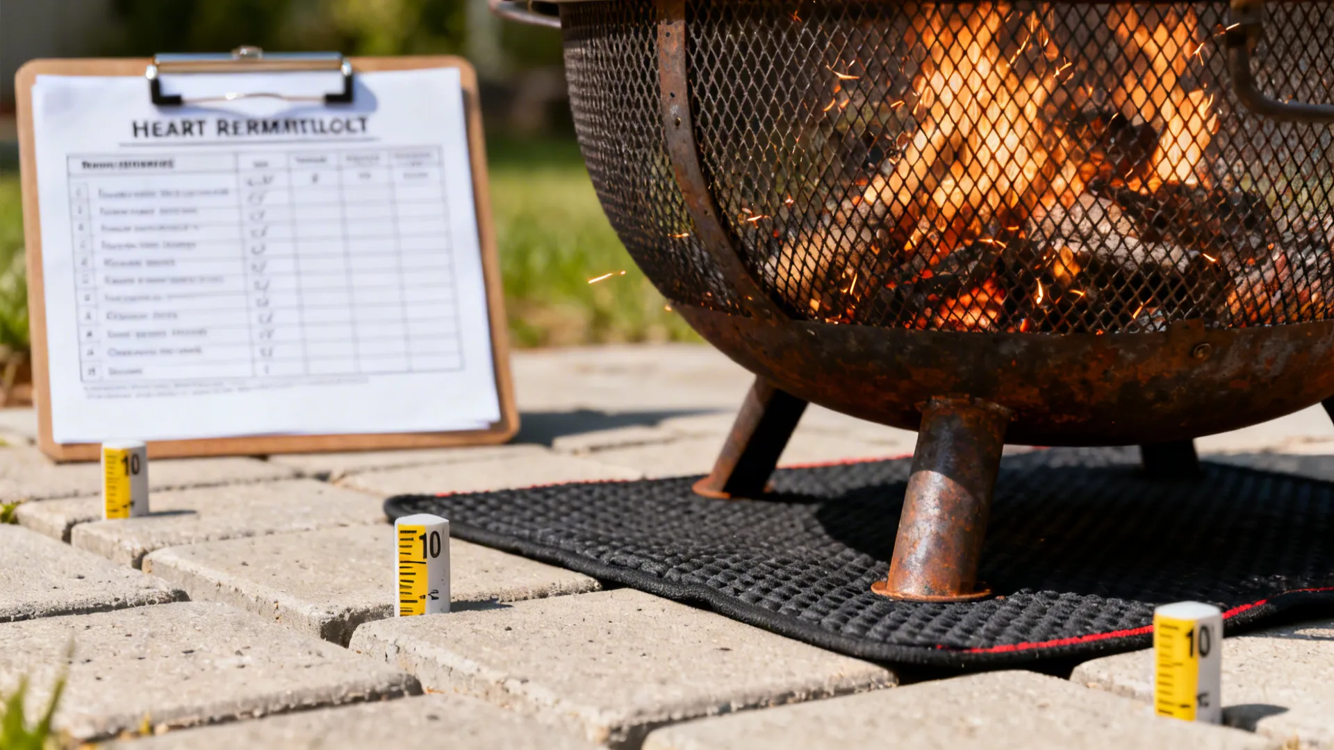 Macro detail of safety features for fire pits: heat pad, spark screen, and permit checklist.
