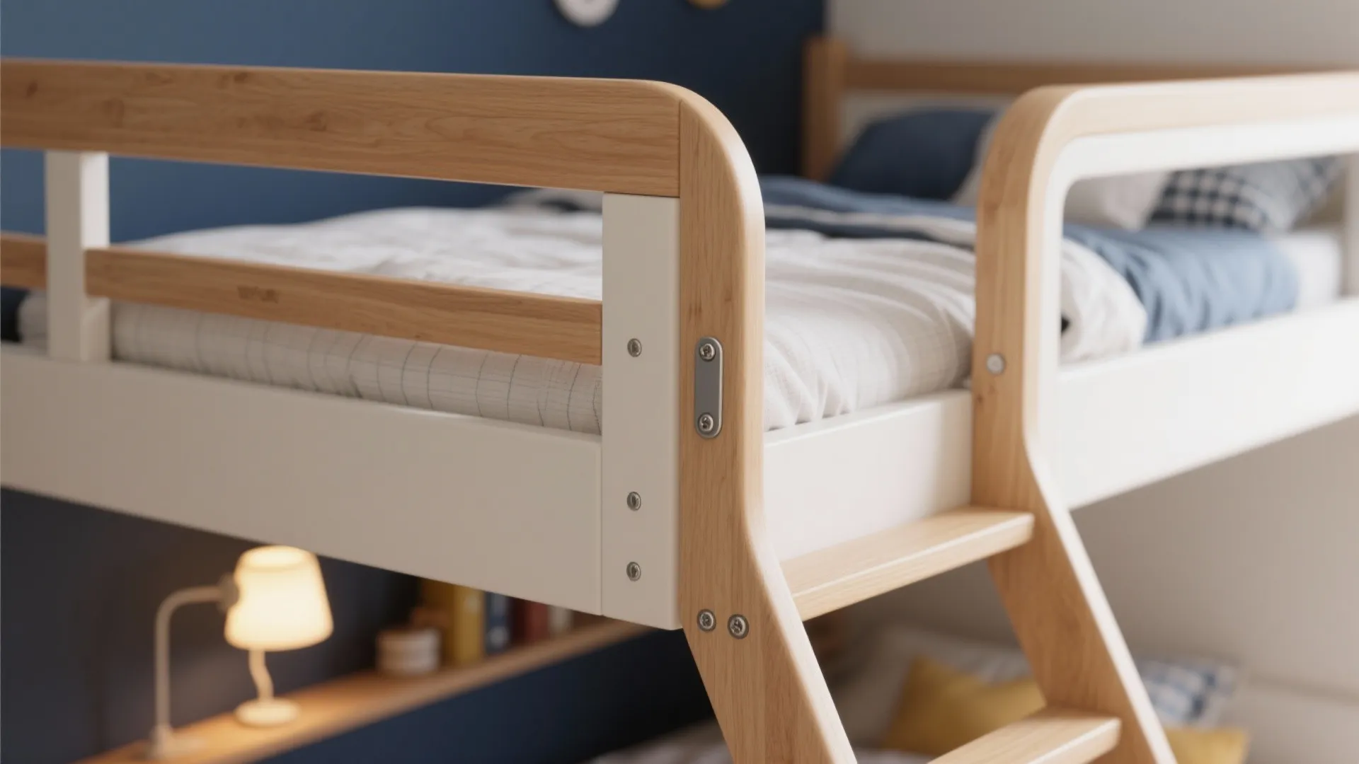 Close up of wooden bed safety rails and ladder showing smooth edges and sturdy construction
