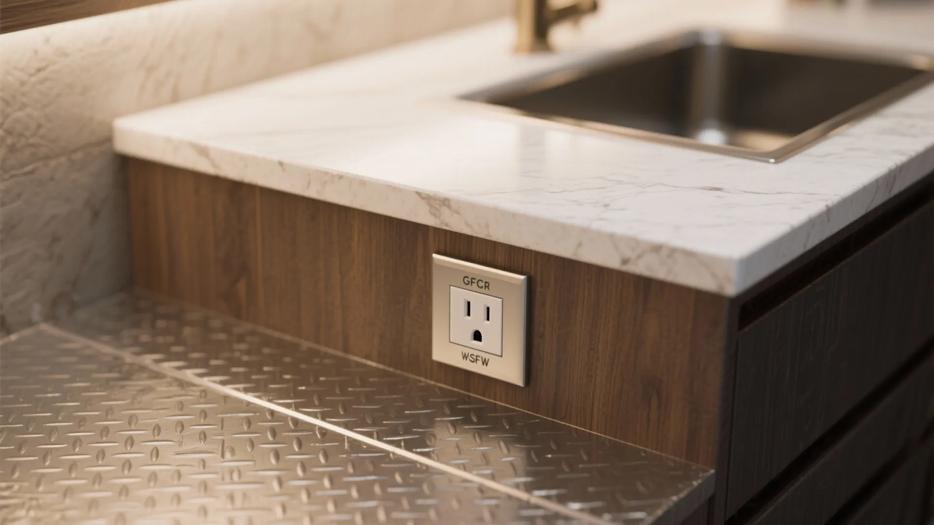Close up of an electrical wall power outlet installed on a wooden kitchen island side