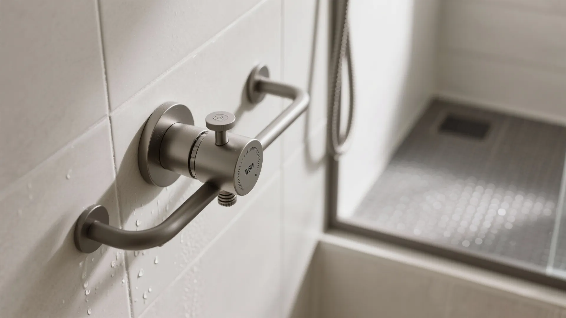 Close up of metal light fixture and safety grab bar installed on white bathroom wall tile