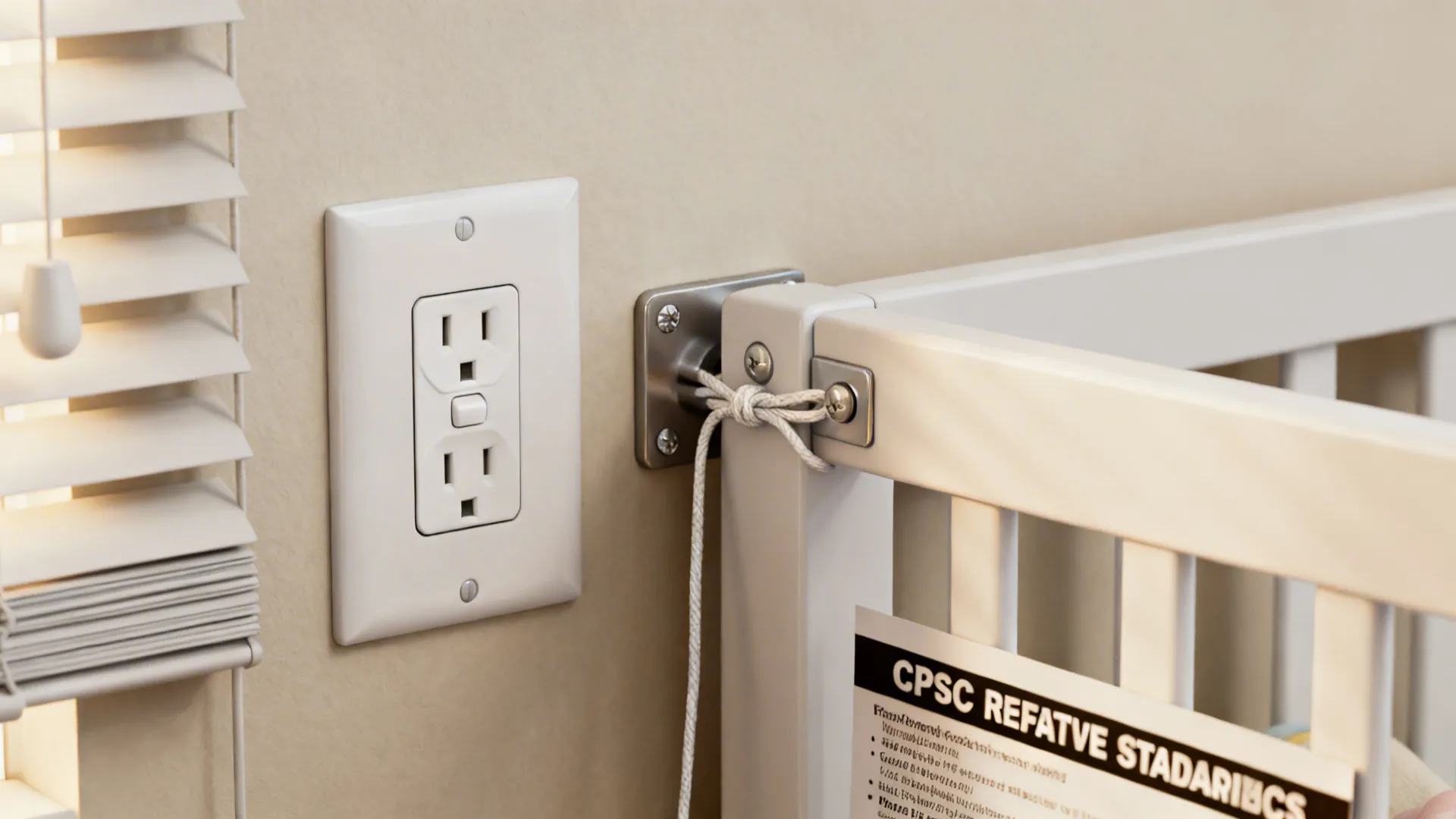 Close-up of nursery safety items: furniture anchor, outlet cover and blind cord tie with safety leaflet.