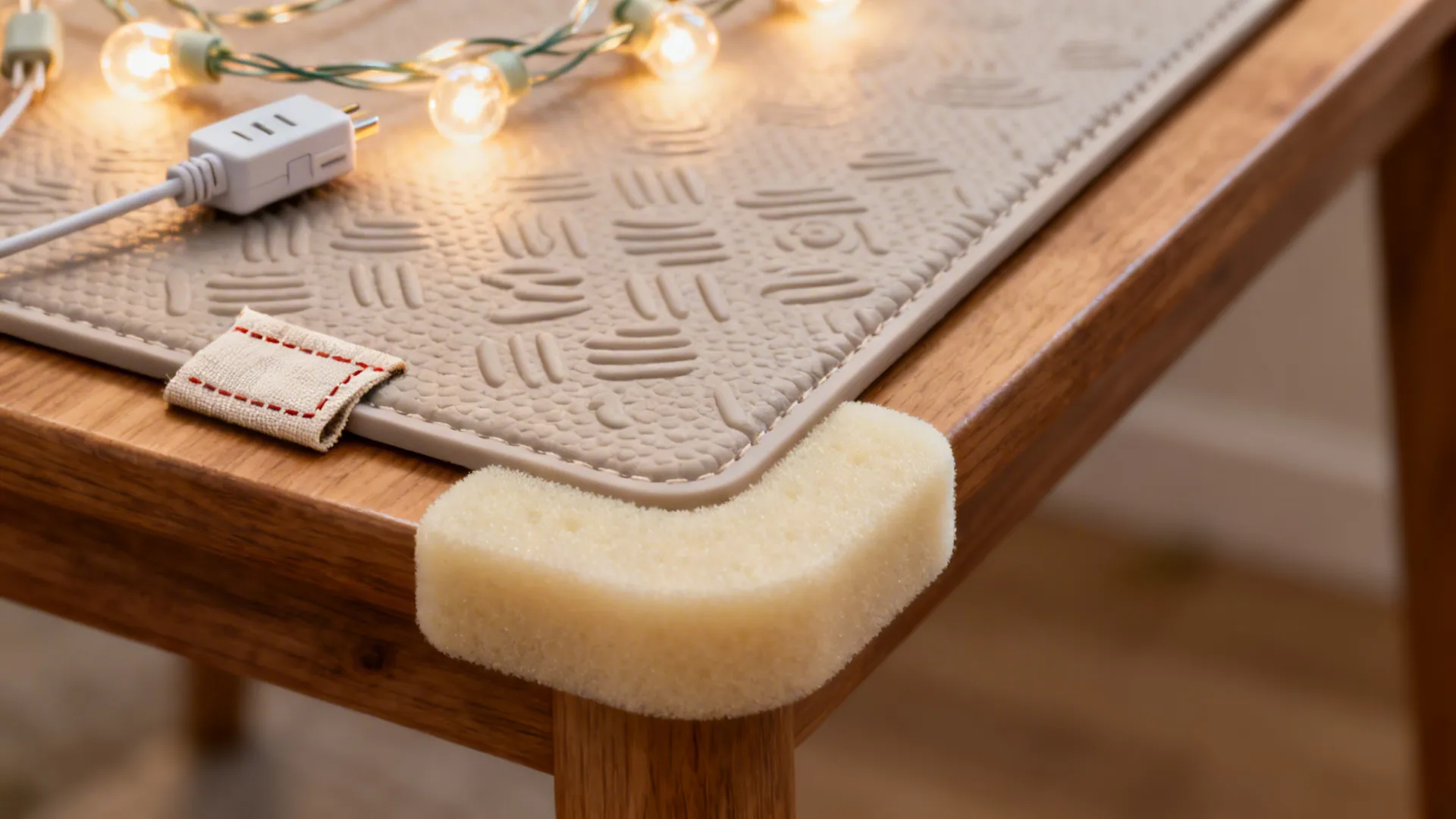 Close-up of safety details for forts: foam corner protectors, non-slip pad texture and battery LED plug.