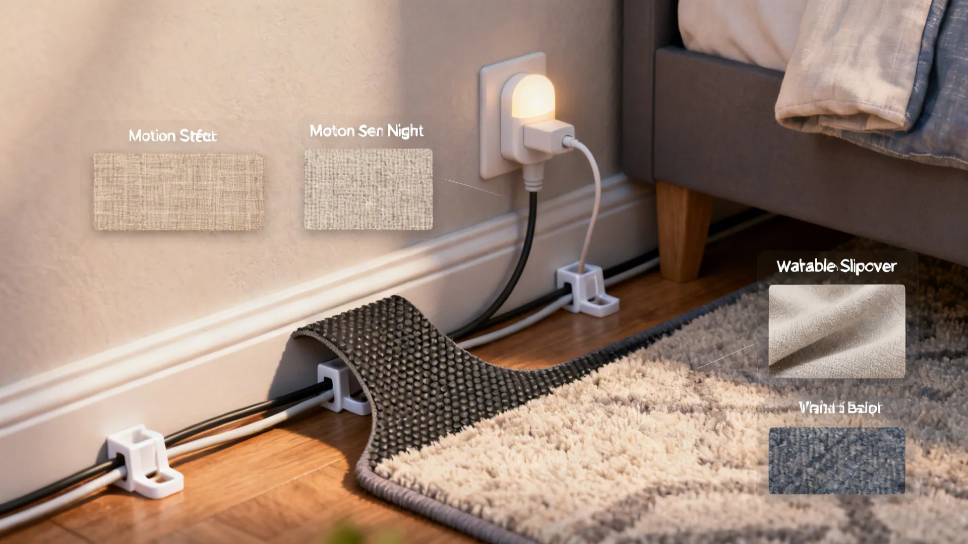 Close-up of non-slip rug edge, secured cords, washable fabric swatches, and a night light.