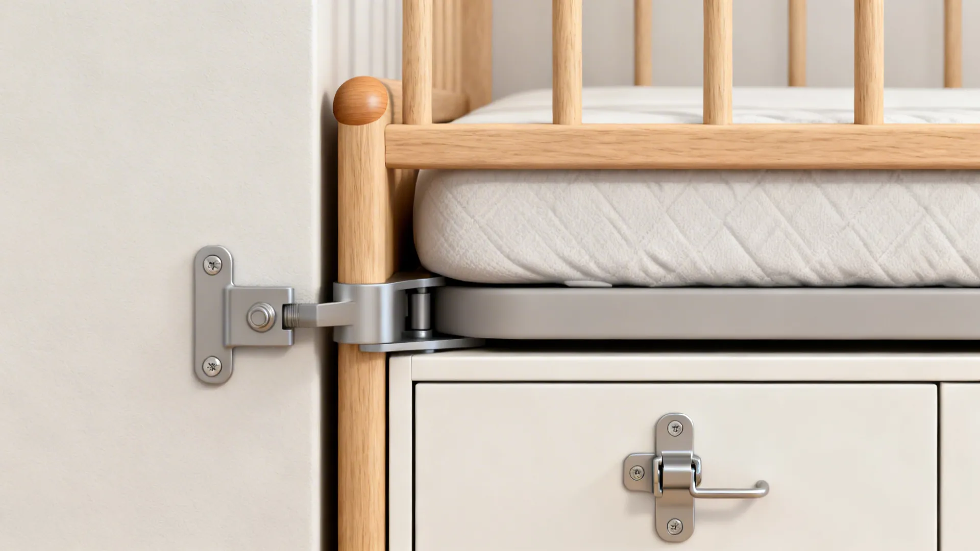 Close-up of bunk bed safety features: rounded guardrail edge, wall anchor, and mattress clearance.