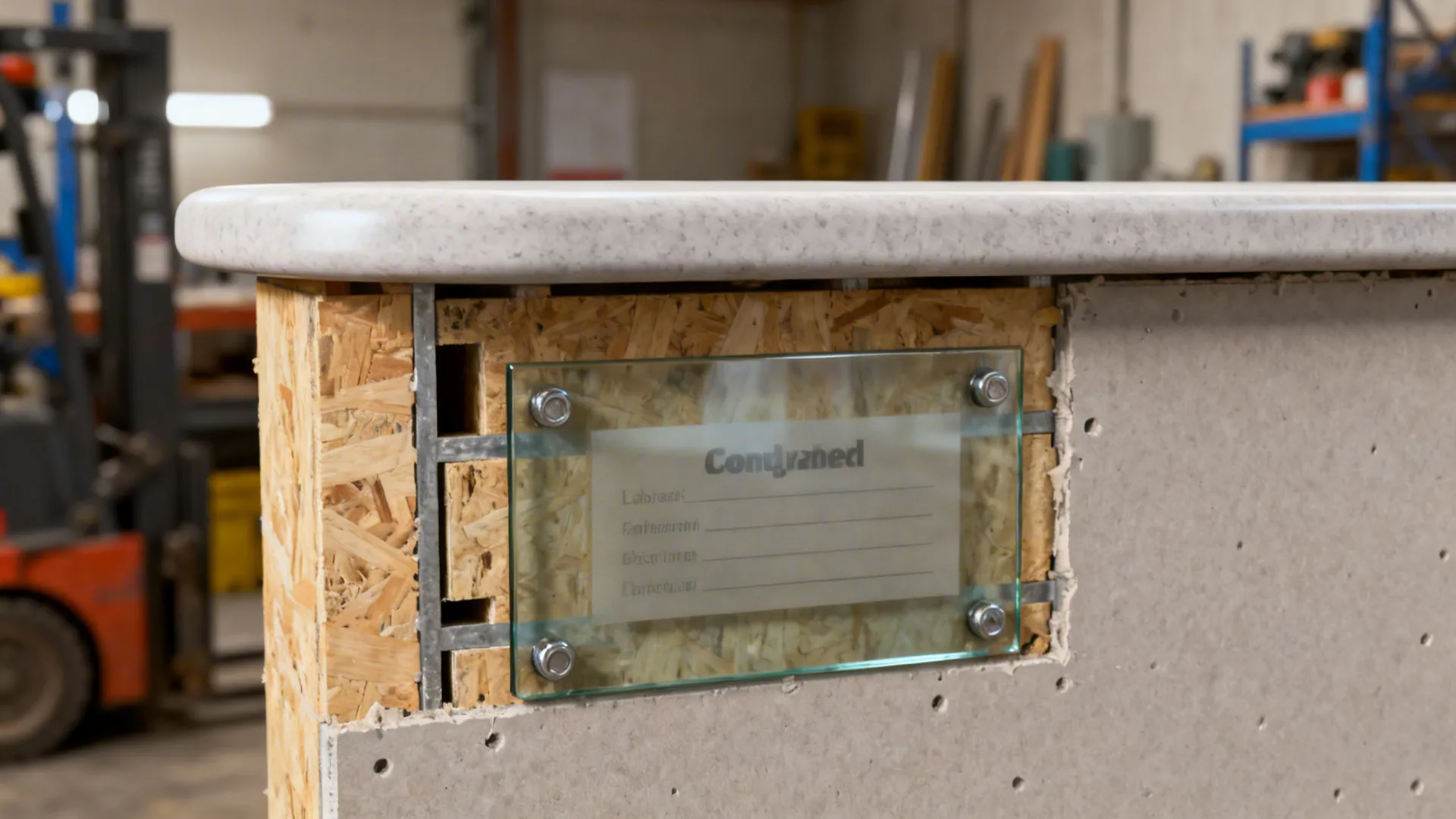 Close up of glass safety label bolted onto wooden wall frame beneath white stone countertop