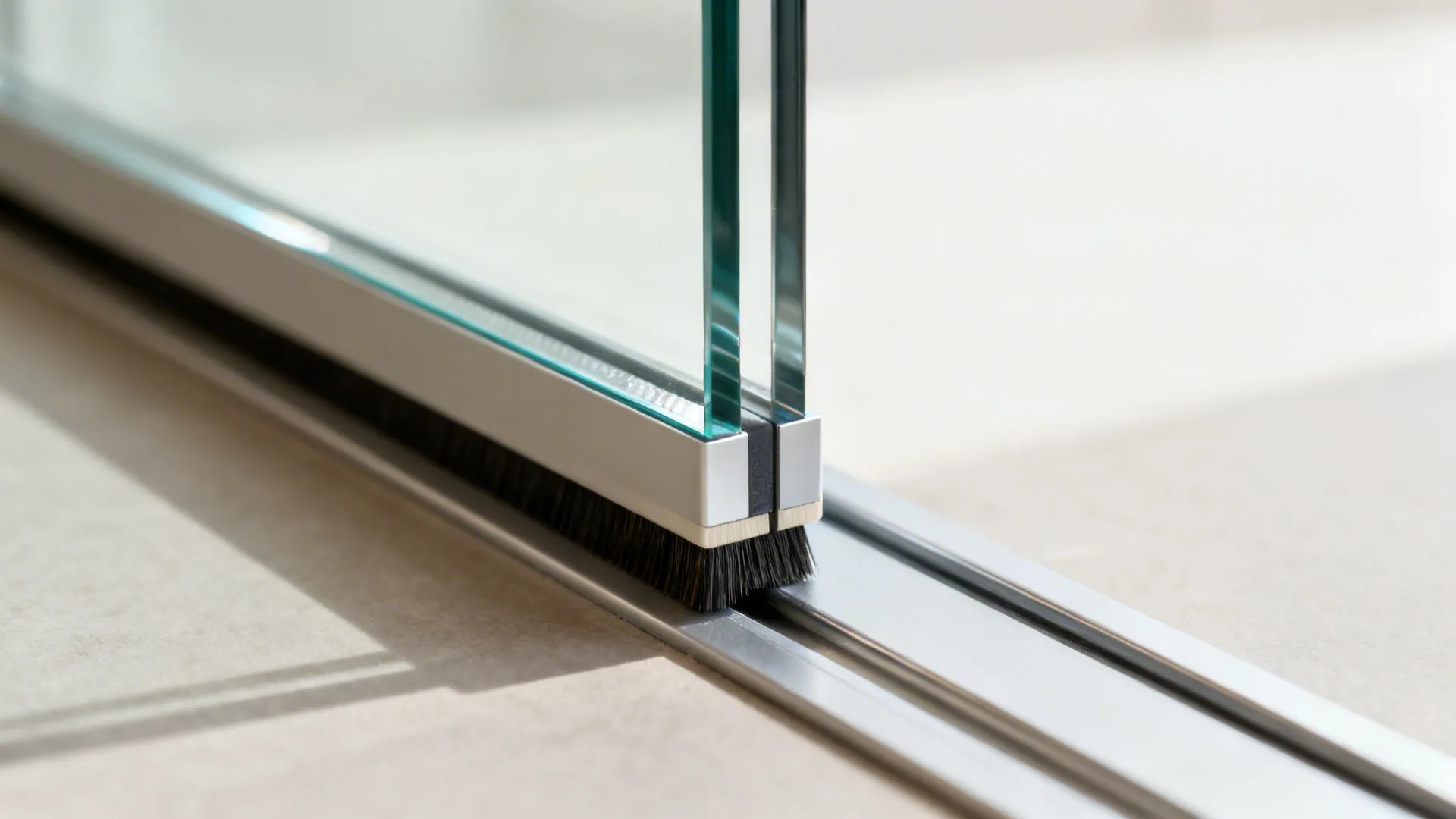 Macro of polished tempered glass edge, laminated interlayer, and brush seal for sliding doors.