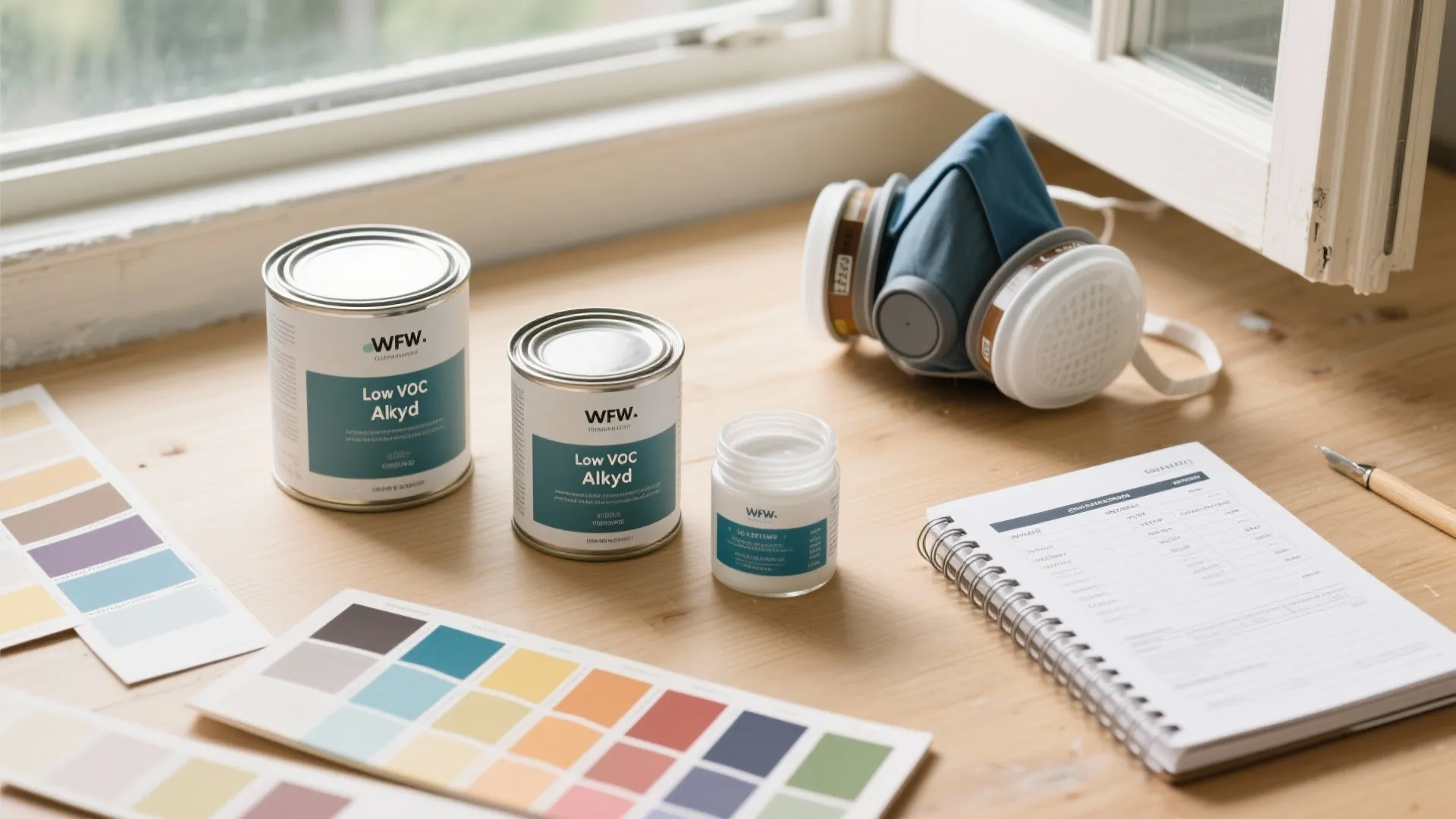 Paint cans on wooden table with color swatches notebook and blue safety mask by window