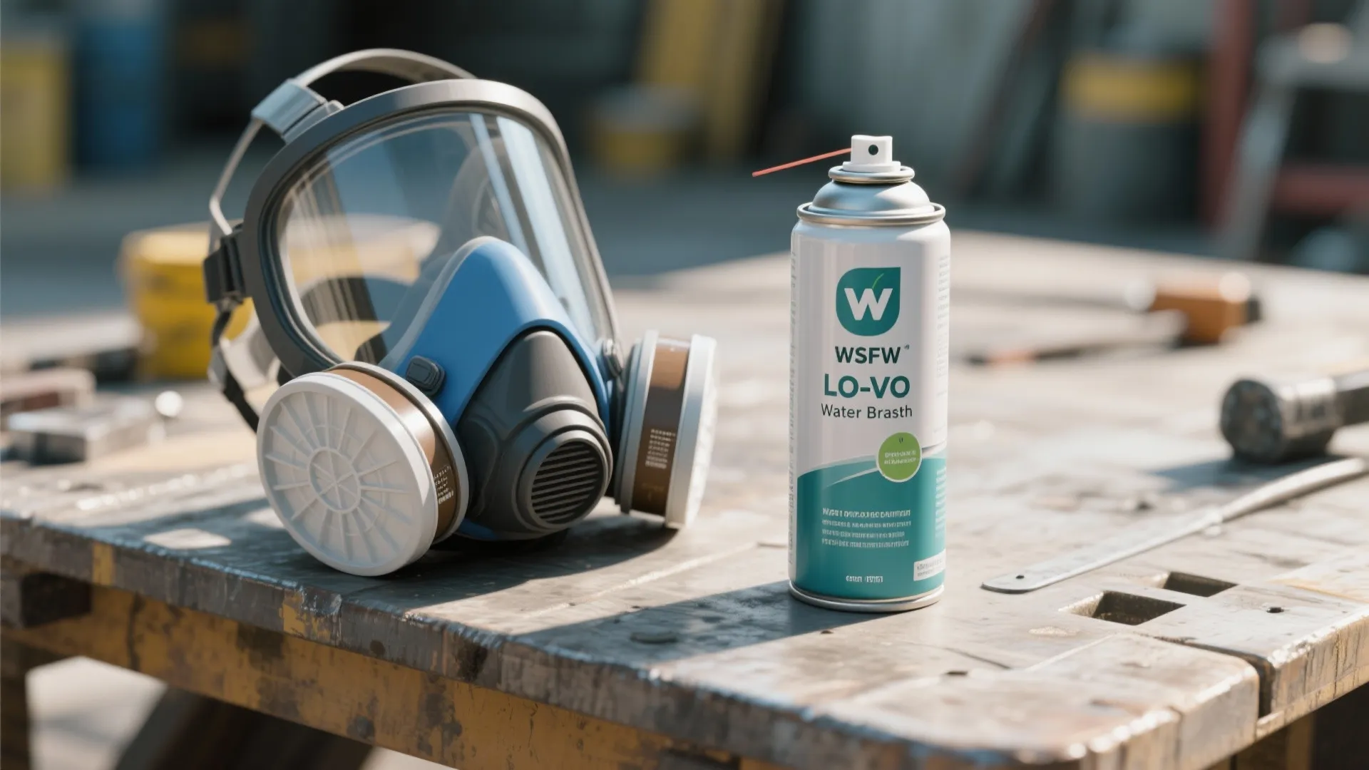 Respirator mask and low-VOC spray can on an outdoor bench reminding safety and eco-friendly practice.